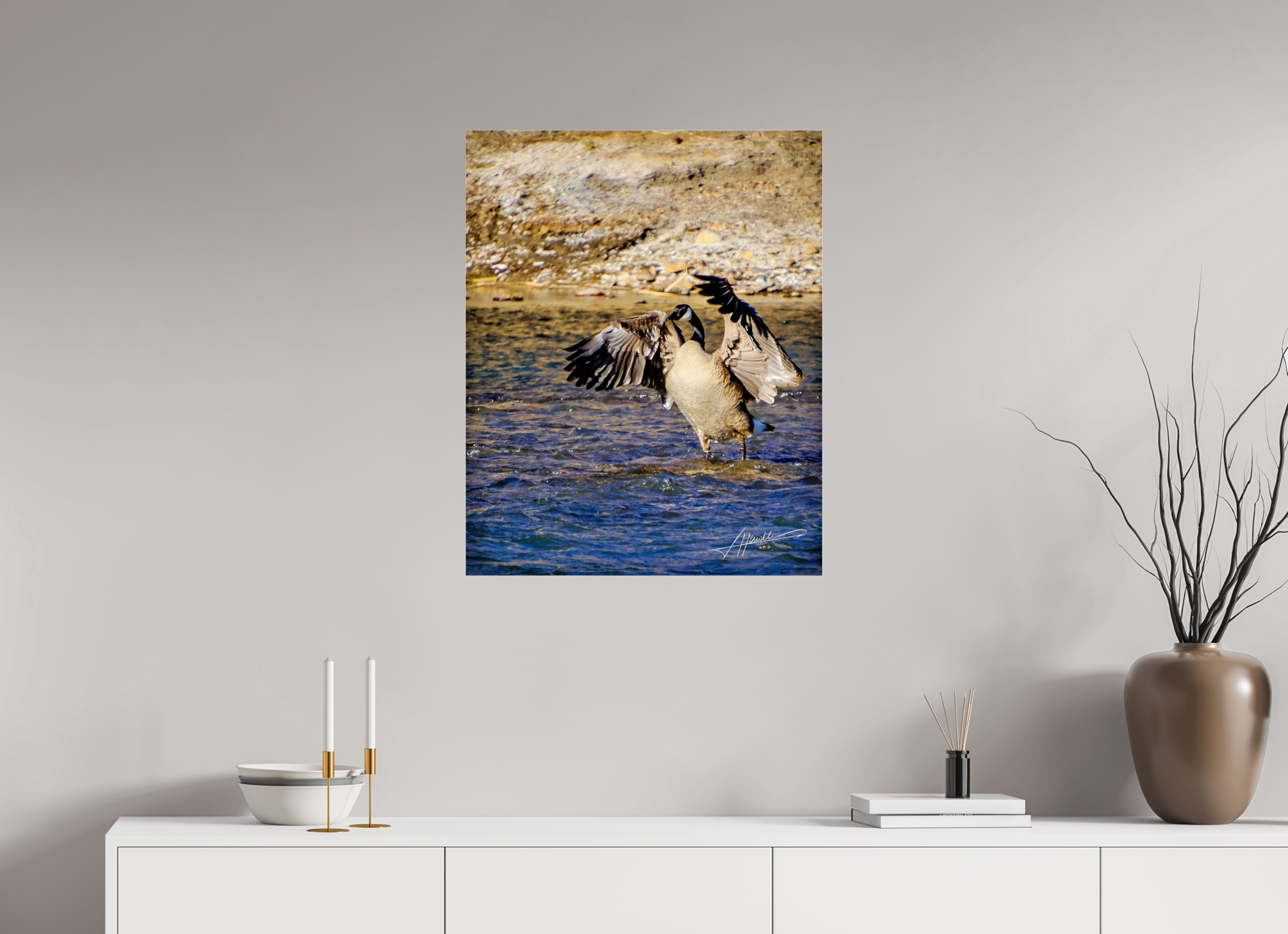 24 x 30″, Metallic Under Acrylic The Bathing Goose