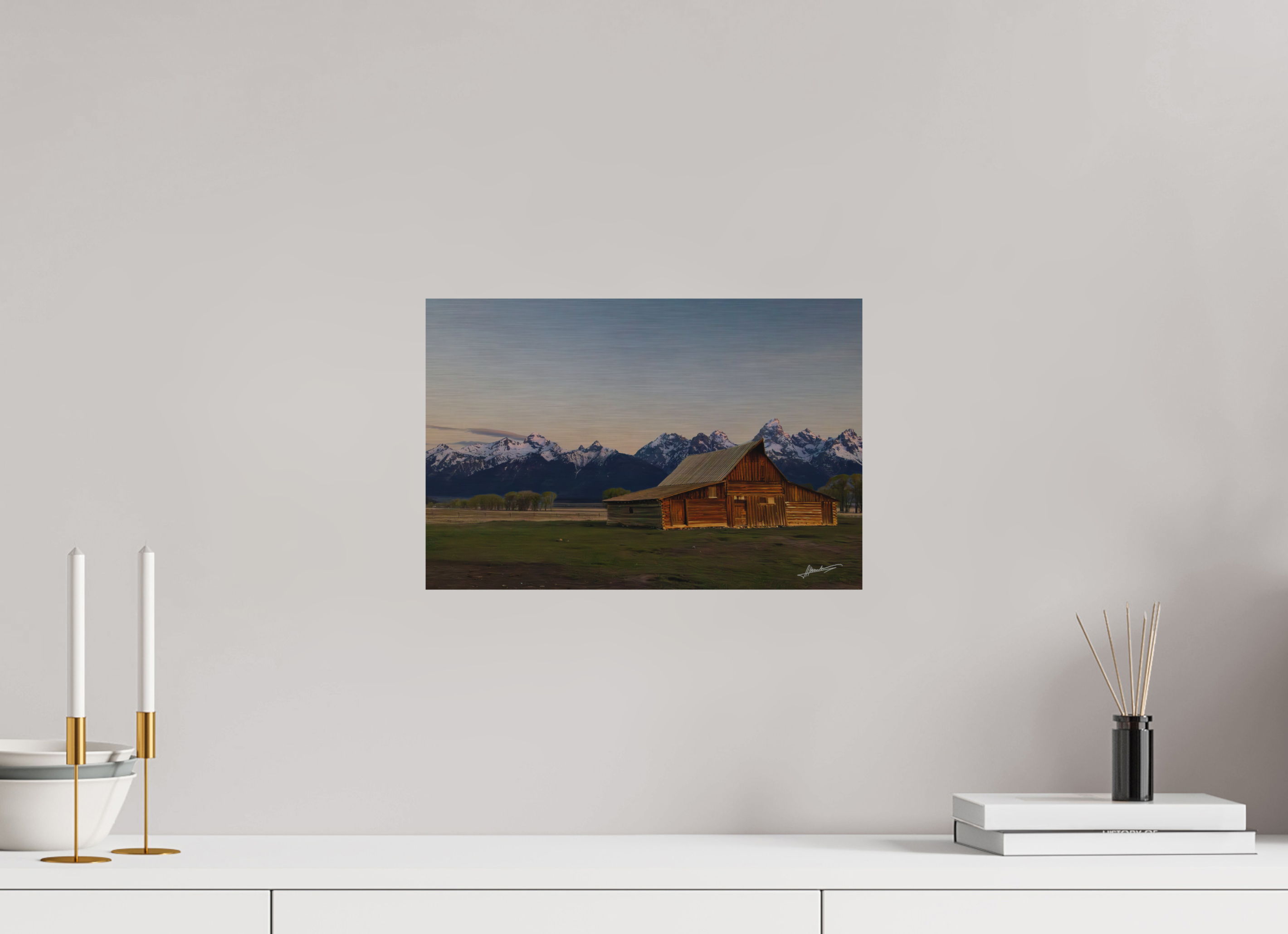 15 x 10″, Direct Brushed Aluminum Sunrise on the T.A. Barn
