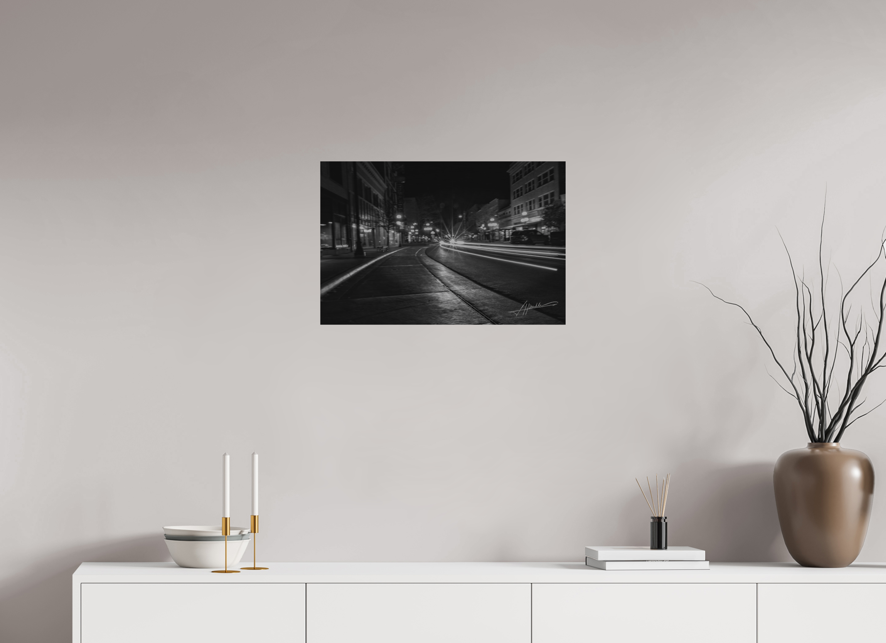24 x 16″, Direct Brushed Aluminum A Street at Night