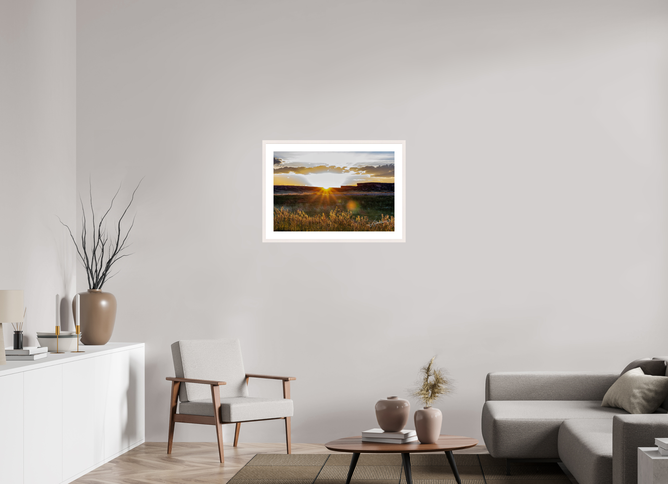 30 x 20″, Solid Wood Frame with Passe-partout Sunrise on the Planes