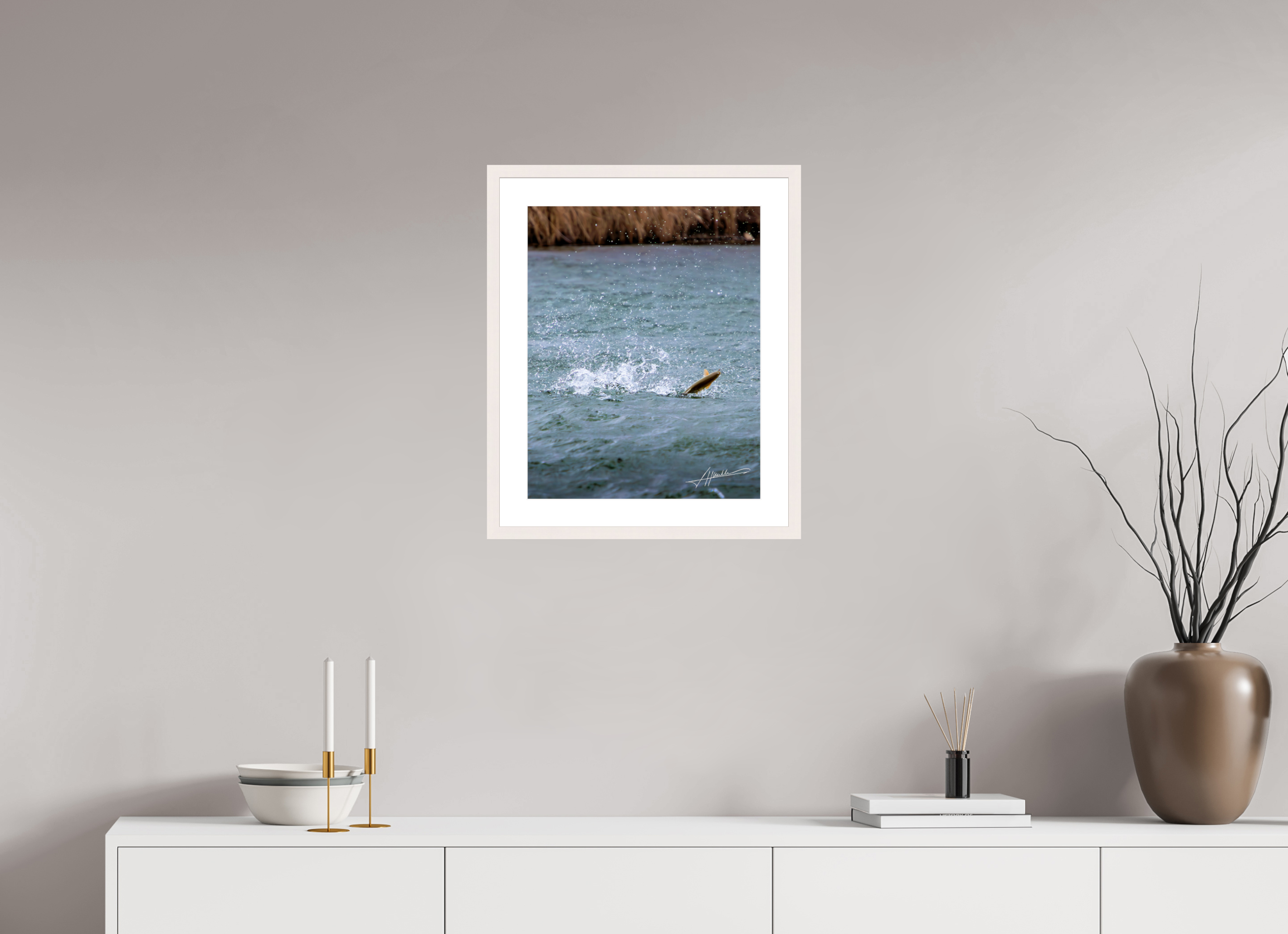 16 x 20″, Solid Wood Frame with Passe-partout Jumping Rainbow Trout