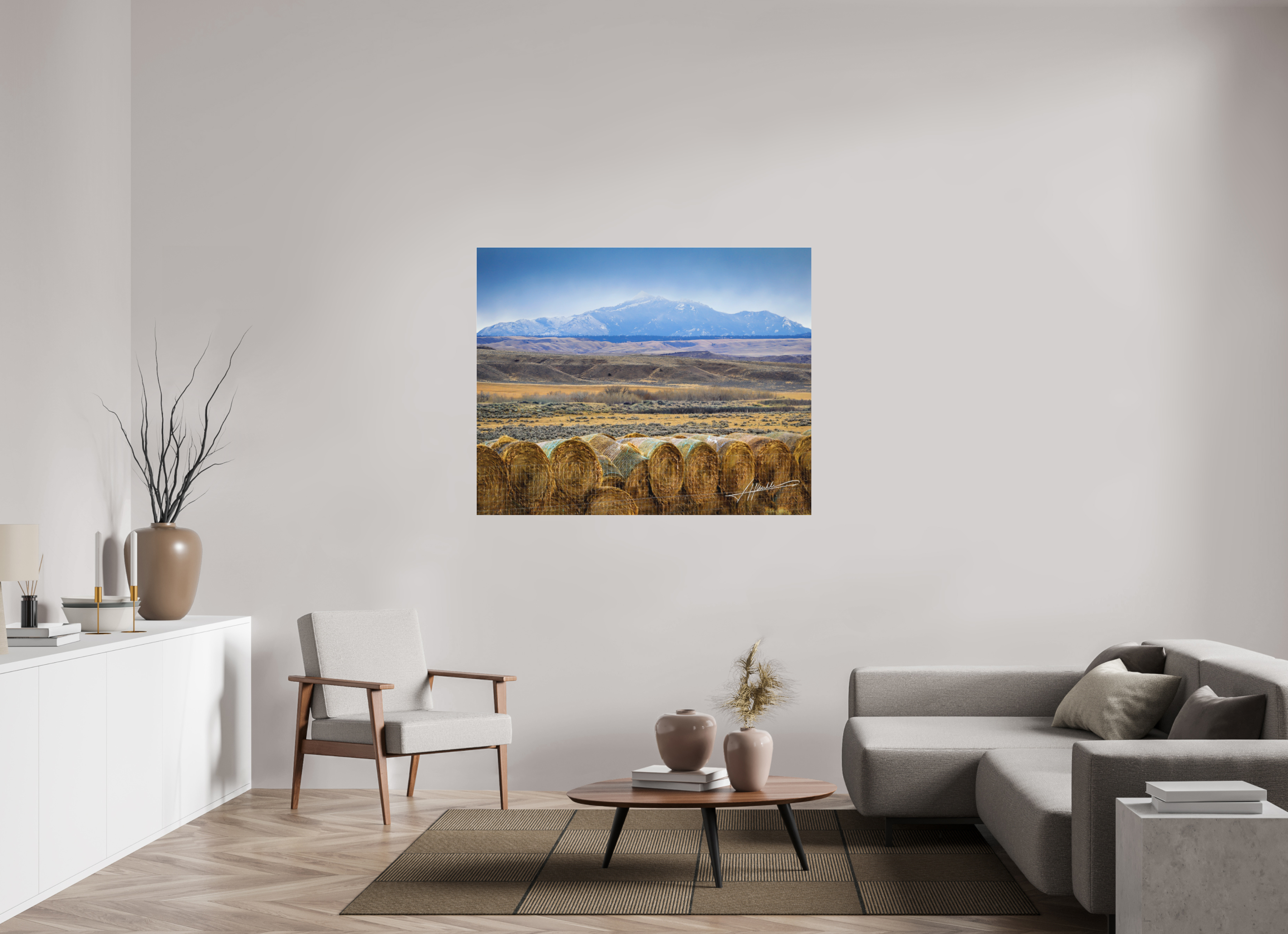 53.7 x 43″, Fine Pigment Under Acrylic Hay Bales on the Prairie