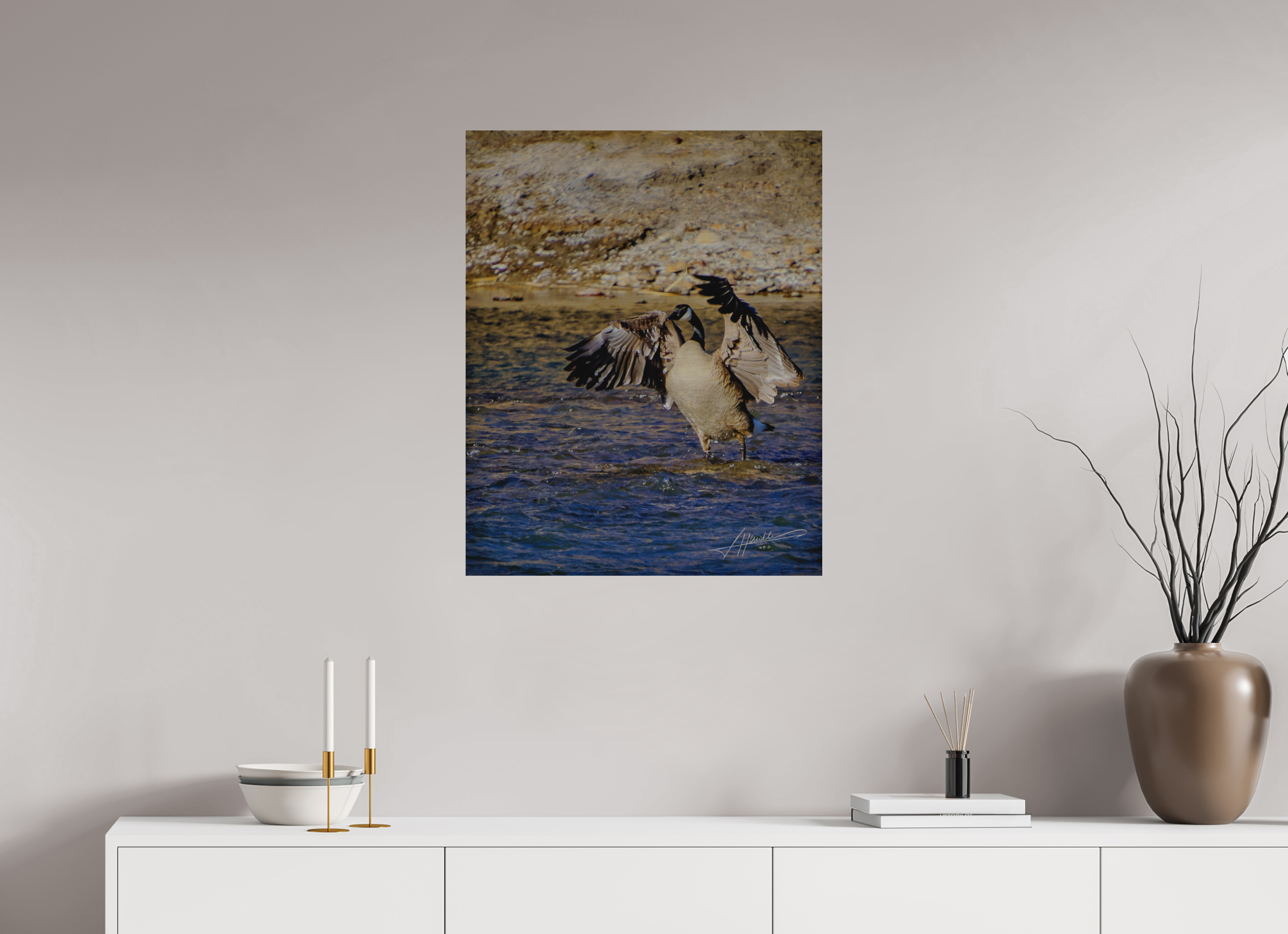 24 x 30″, Direct Brushed Aluminum The Bathing Goose