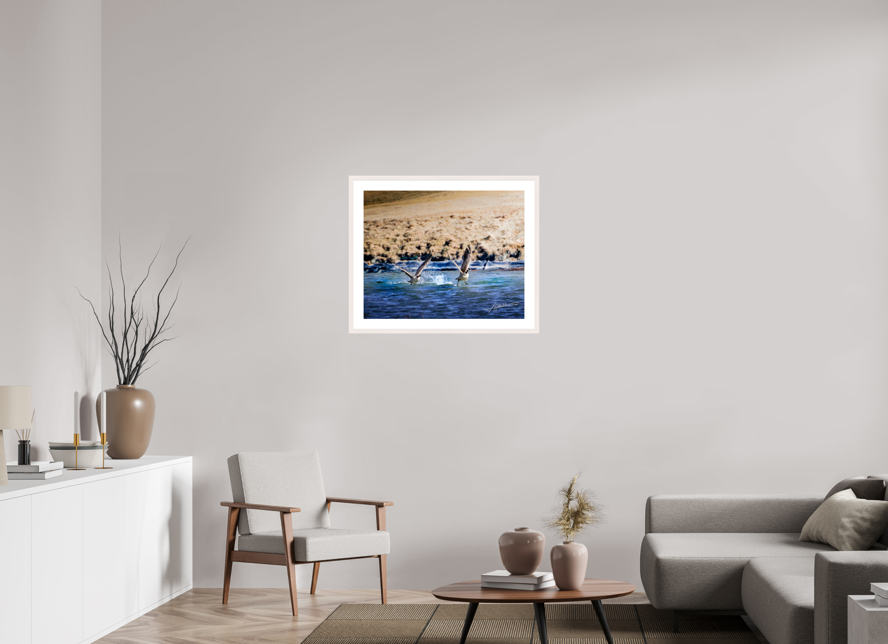 30 x 24″, Solid Wood Frame with Passe-partout Geese Taking Flight