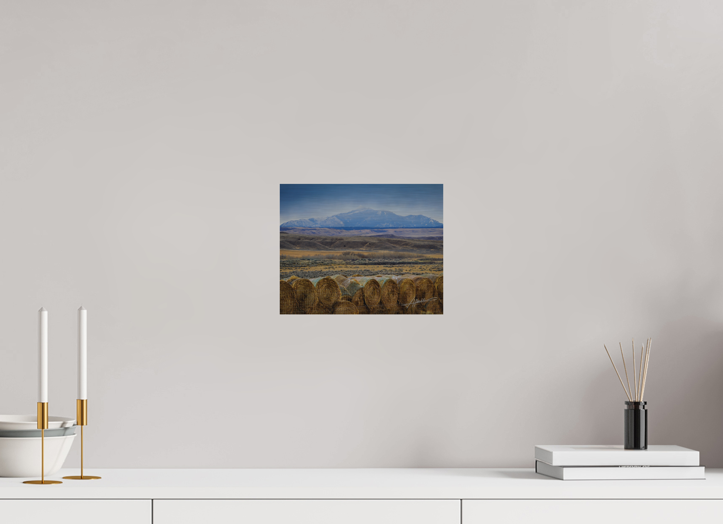 10 x 8″, Direct Brushed Aluminum Hay Bales on the Prairie