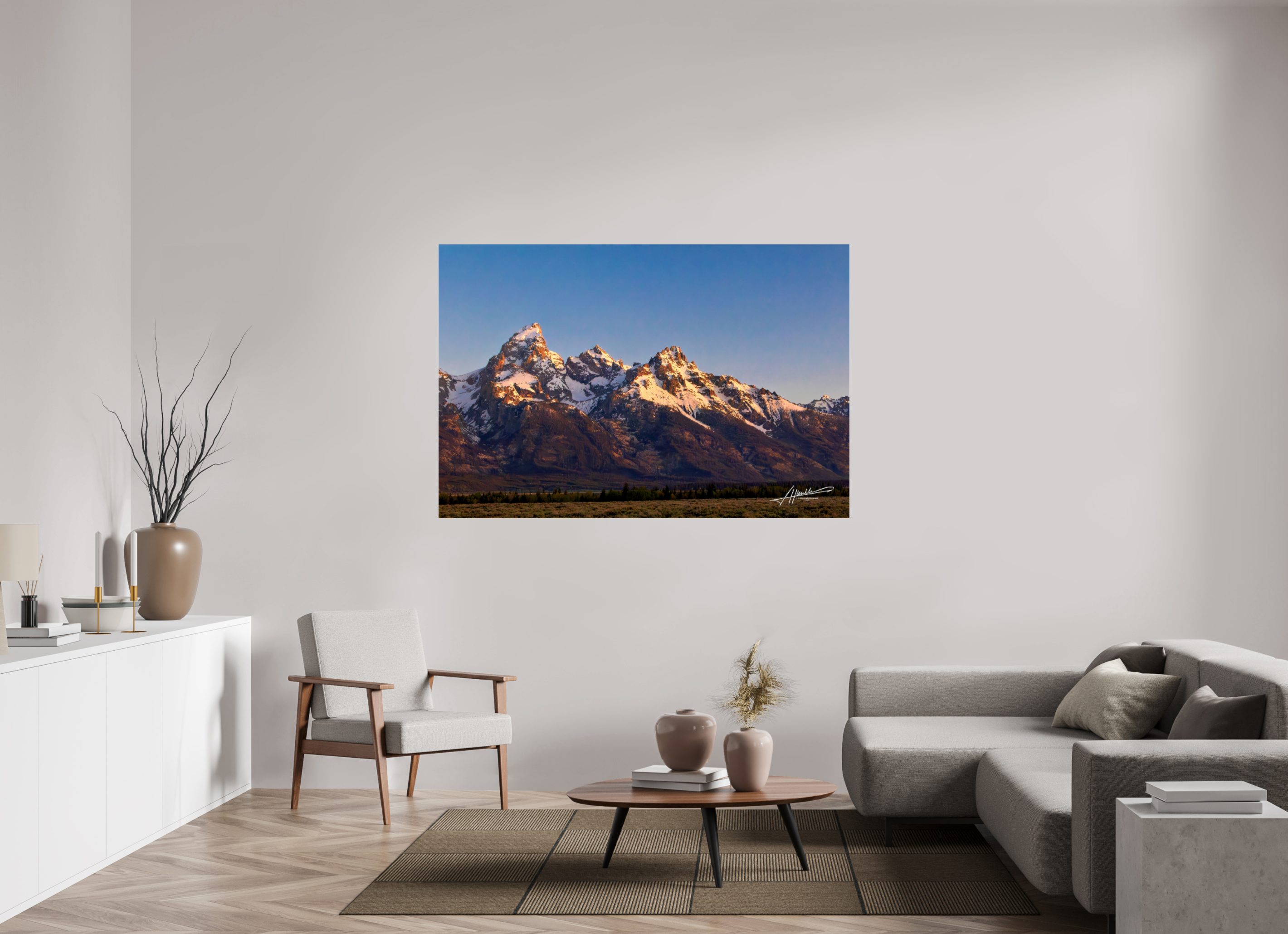 66 x 44″, Photo Print Under Acrylic Glass Sunrising on the Tetons