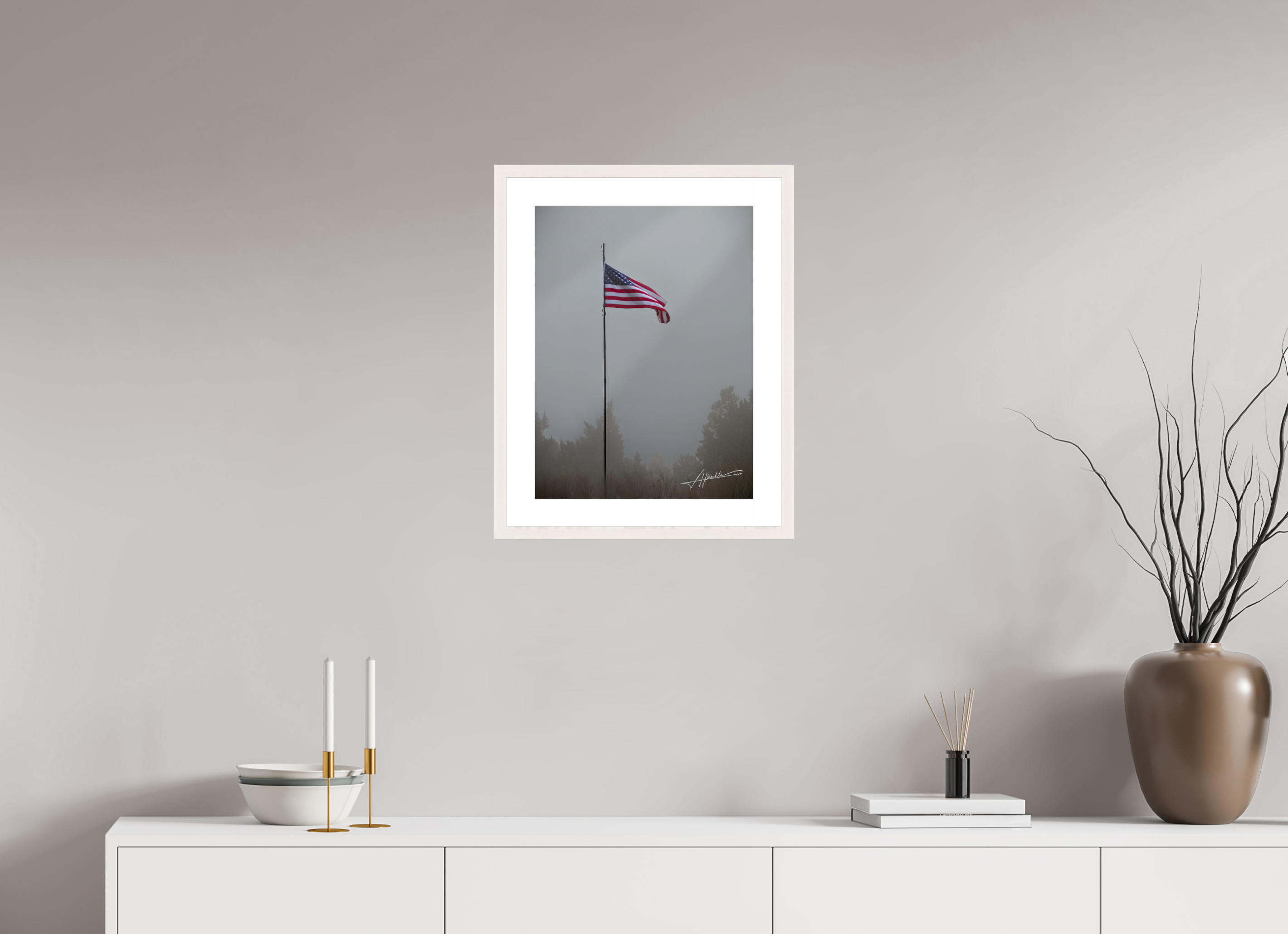 15 x 20″, Solid Wood Frame with Passe-partout Flag in the Breeze