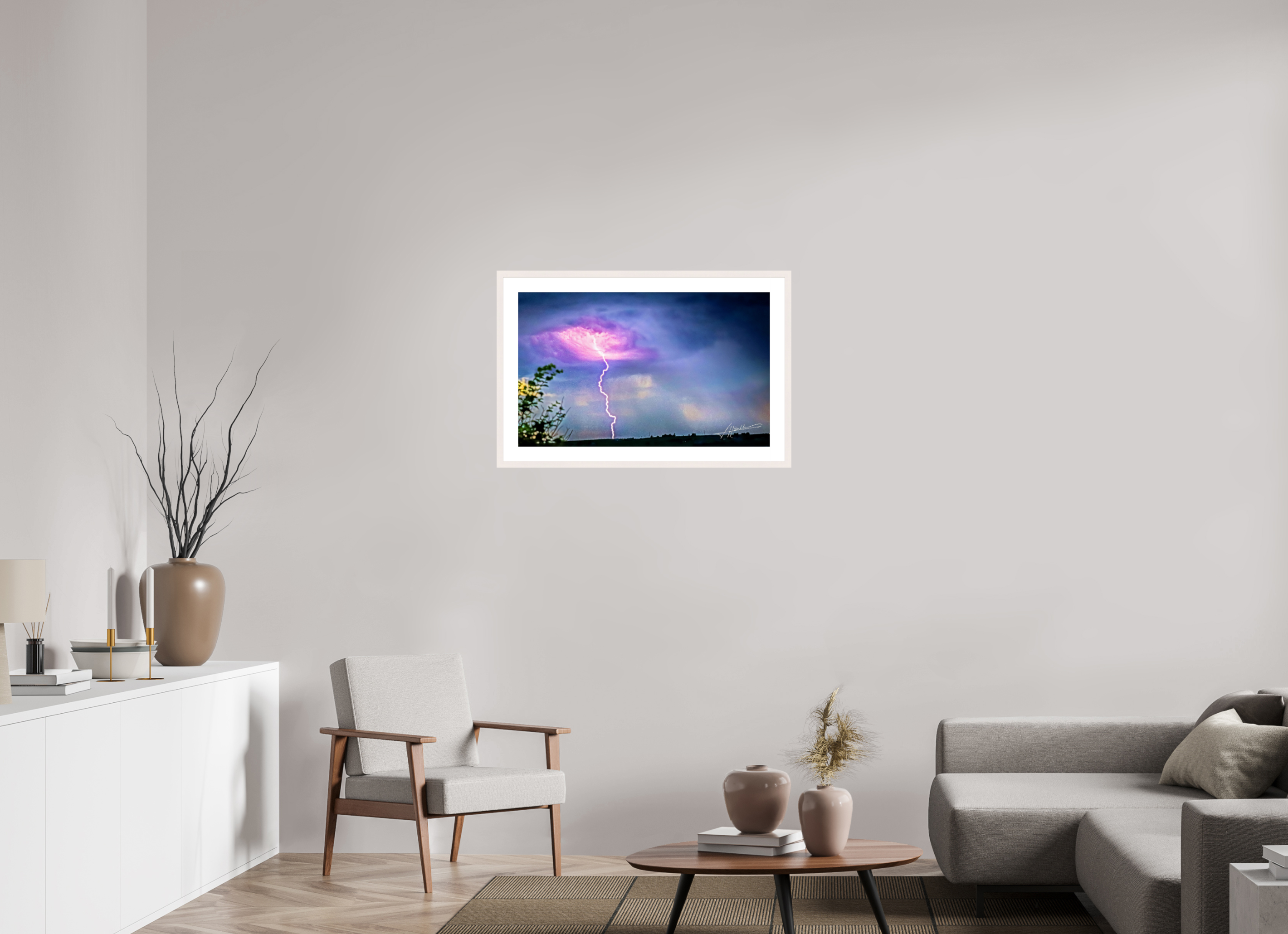 32.4 x 20″, Solid Wood Frame with Passe-partout Lightning Strike