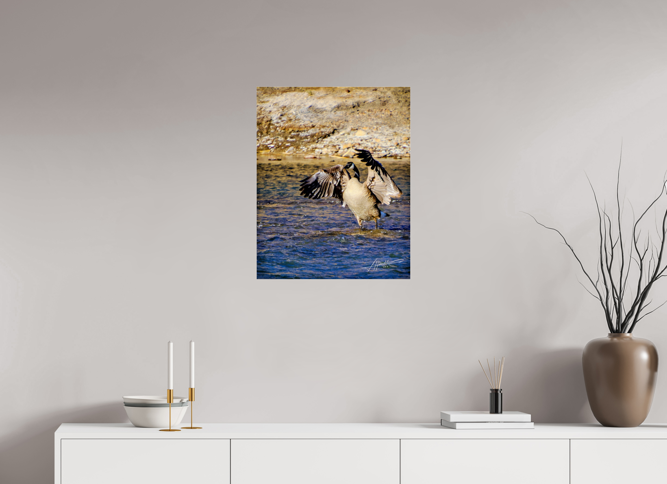 20 x 25″, Metallic Under Acrylic The Bathing Goose