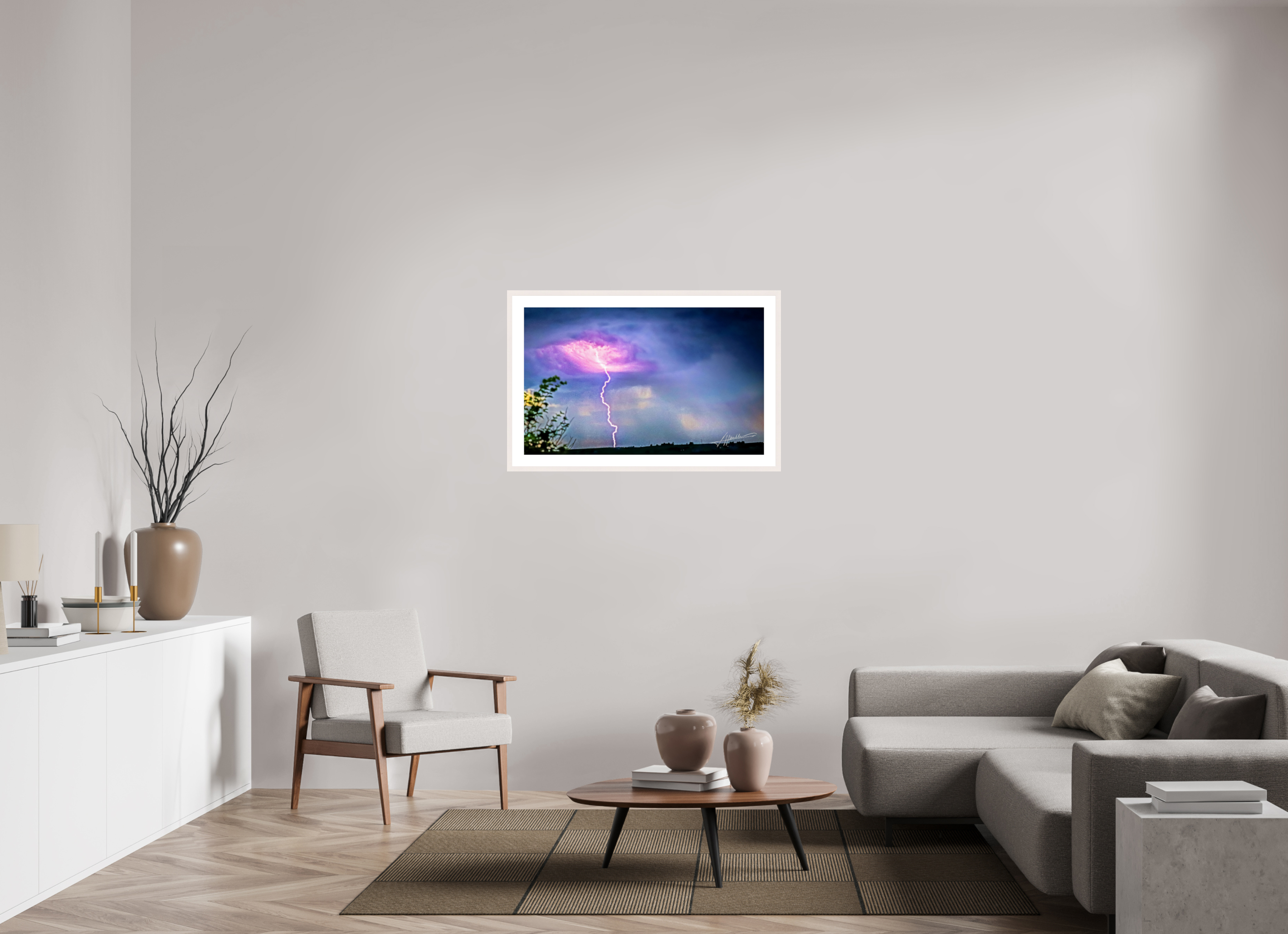 38.9 x 24″, Solid Wood Frame with Passe-partout Lightning Strike