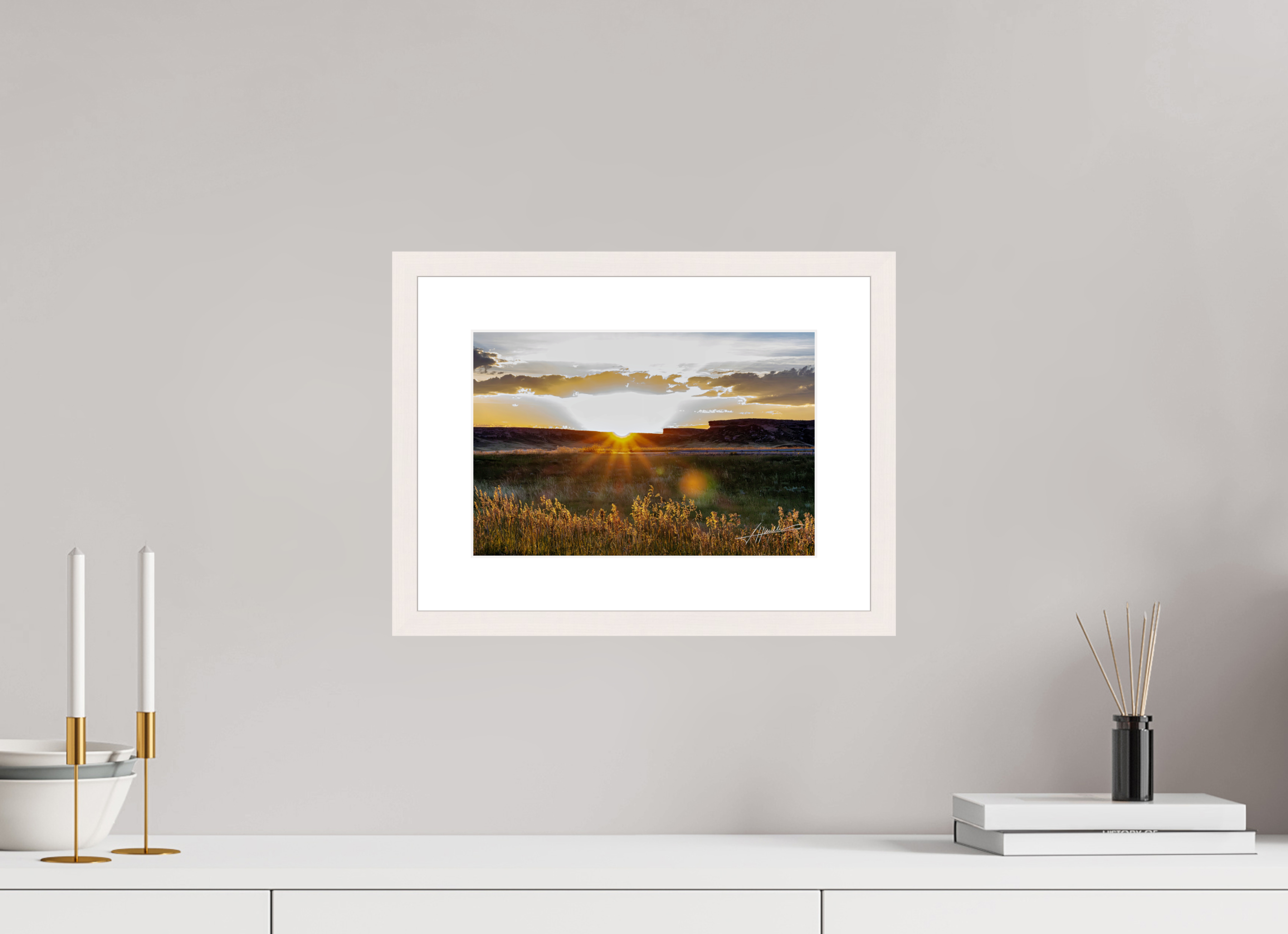 12 x 8″, Solid Wood Frame with Passe-partout Sunrise on the Planes
