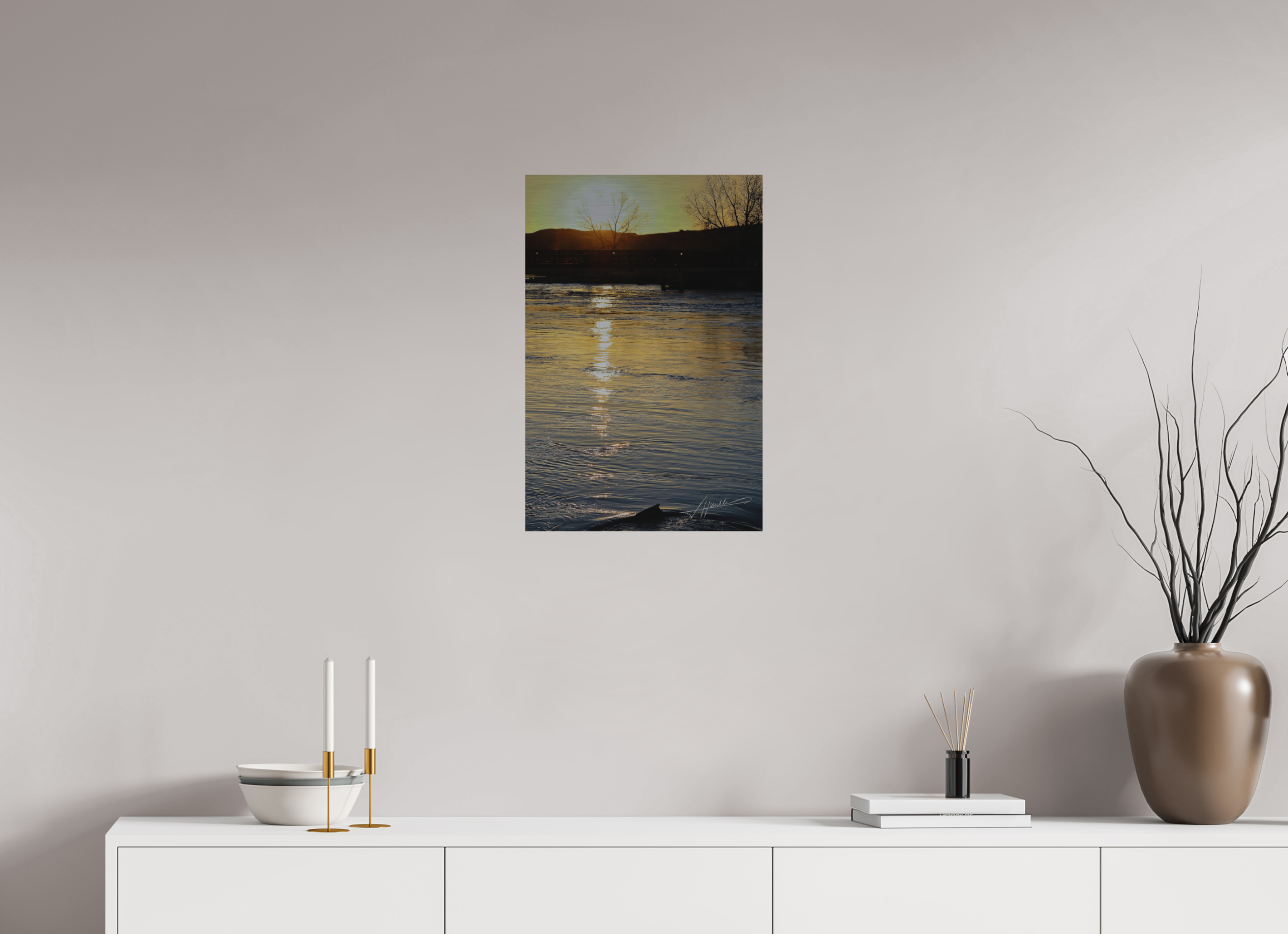 16 x 24″, Direct Brushed Aluminum Sunset on the River