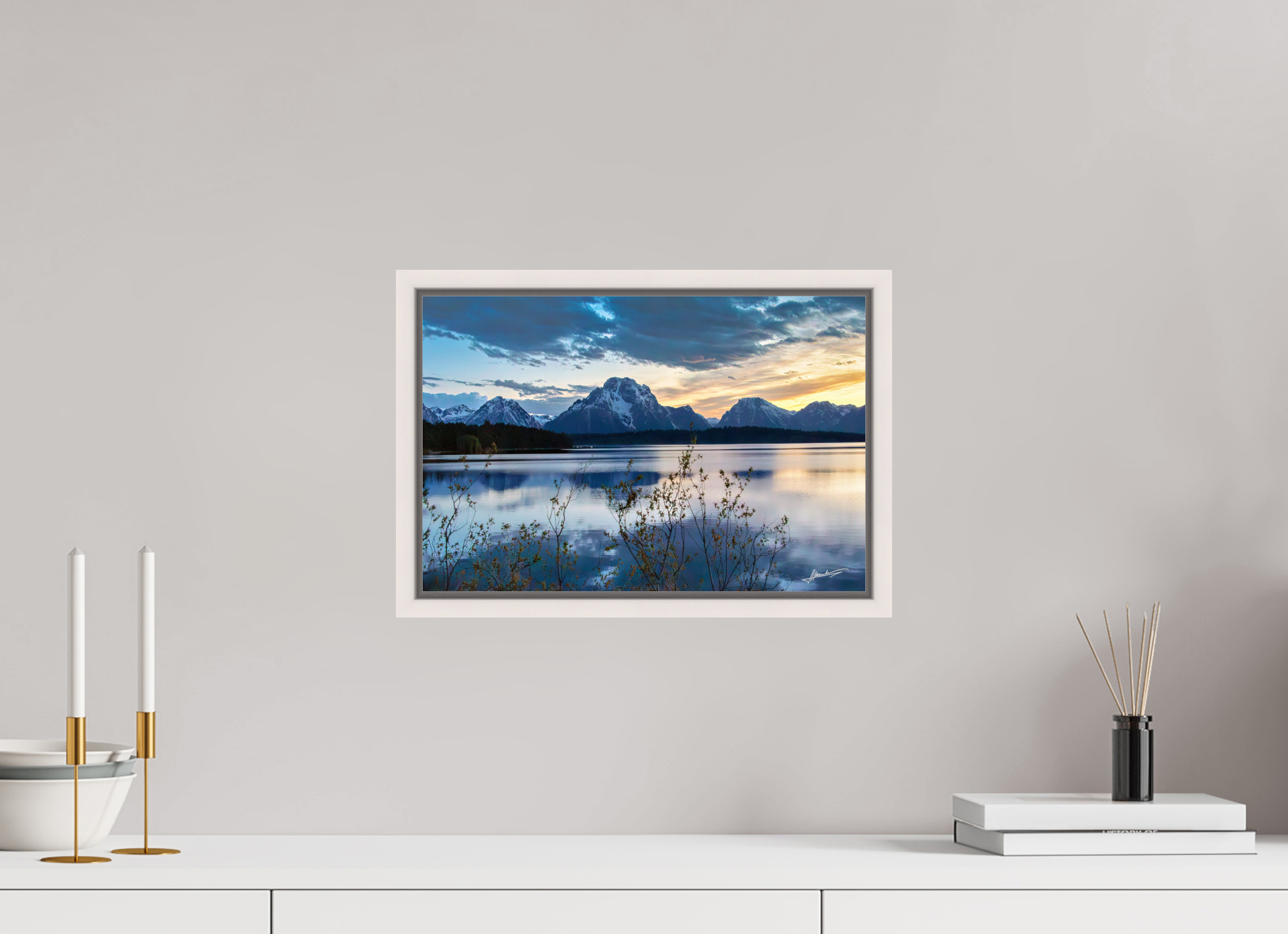 15 x 10″, Floater Frame Sunset on Jackson Lake