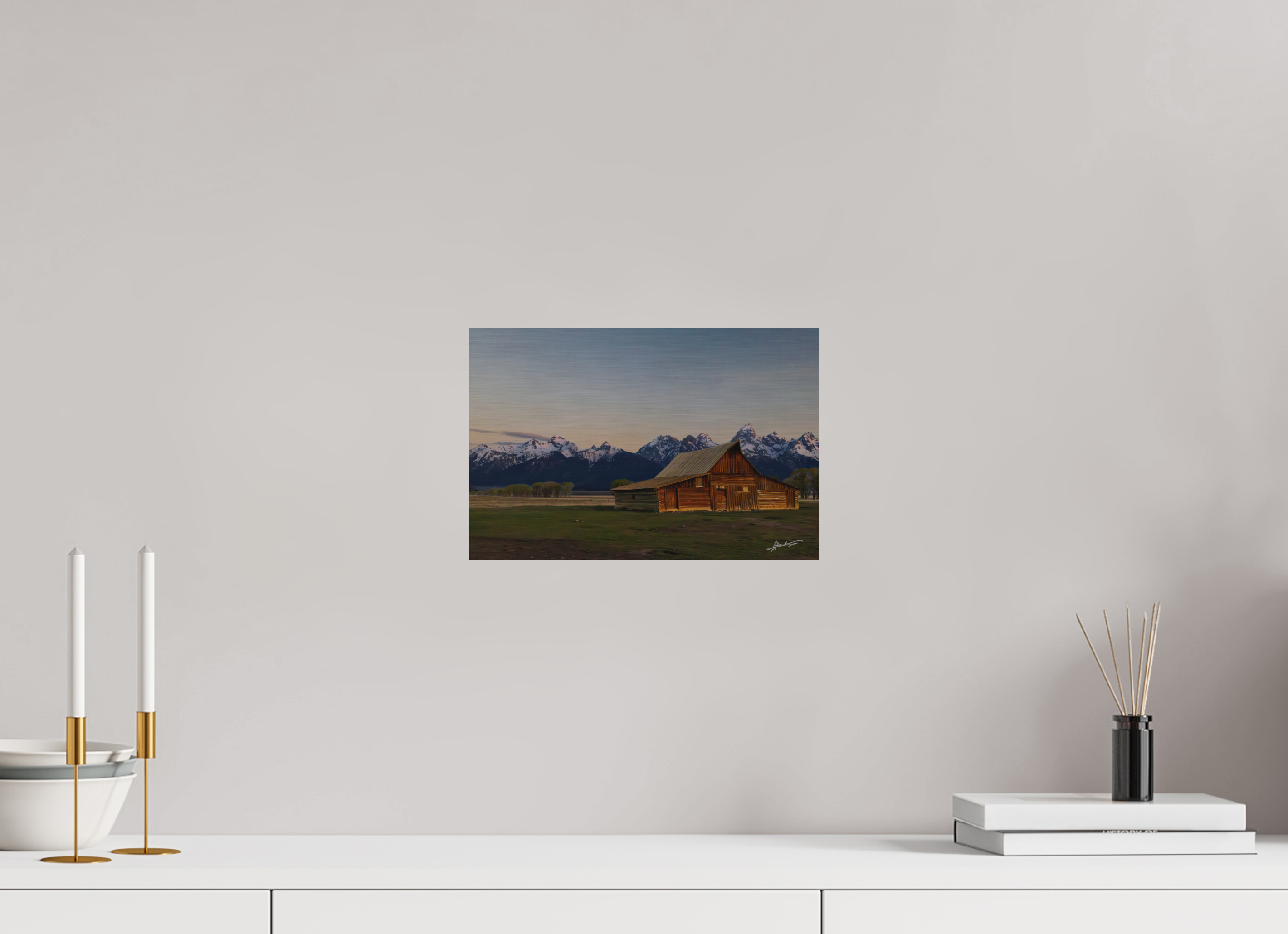 12 x 8″, Direct Brushed Aluminum Sunrise on the T.A. Barn