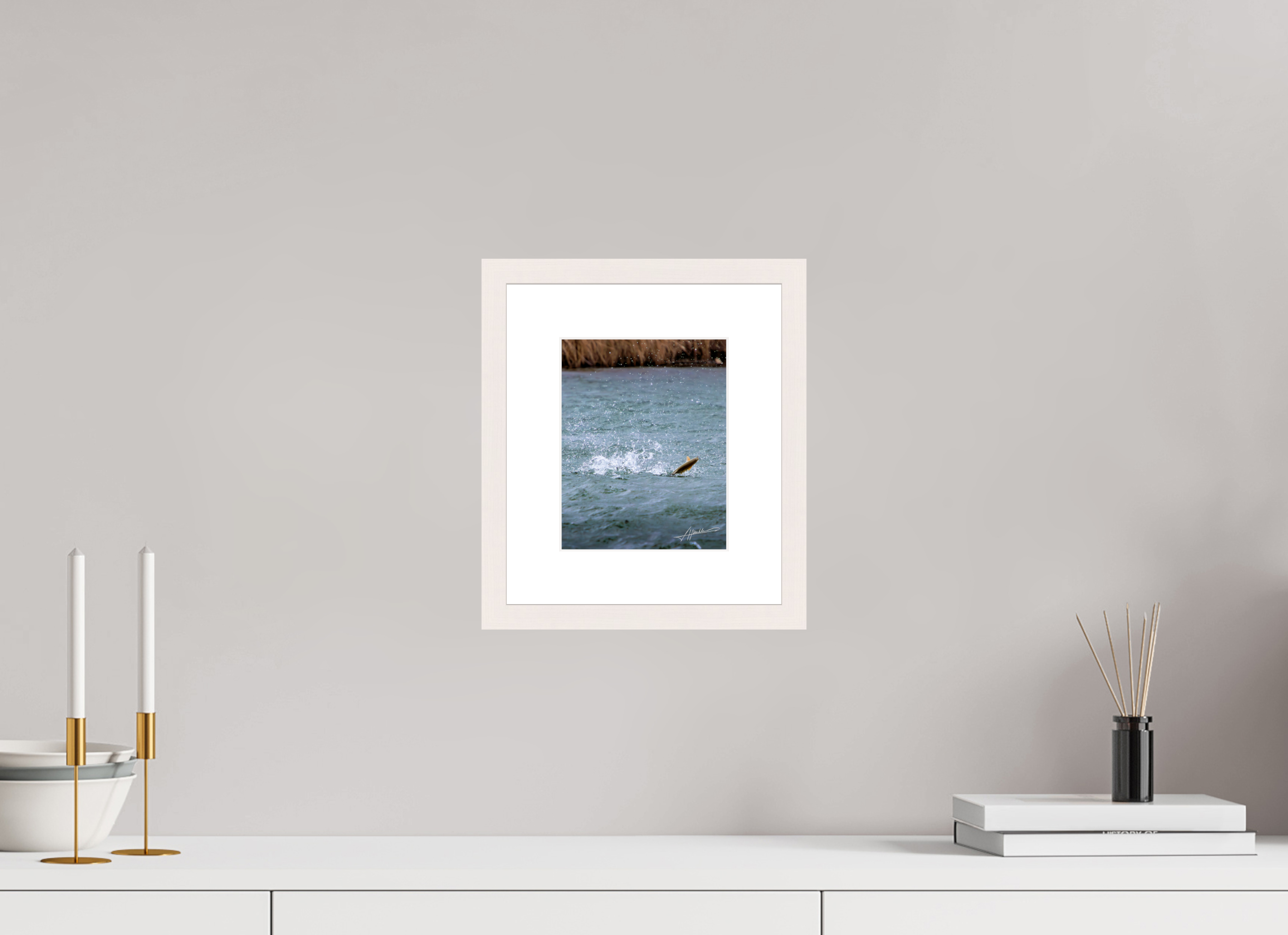 6 x 7.5″, Solid Wood Frame with Passe-partout Jumping Rainbow Trout