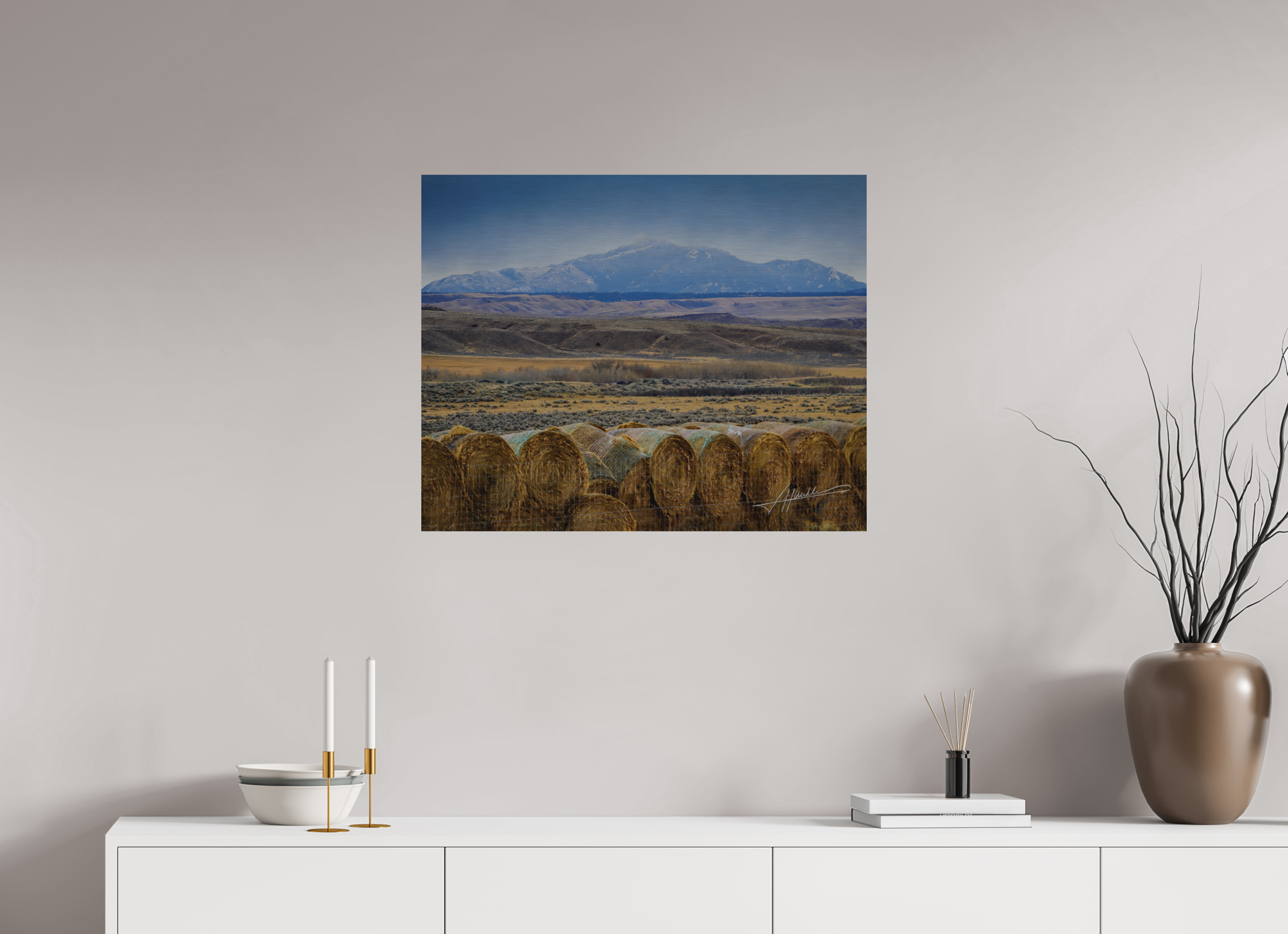30 x 24″, Direct Brushed Aluminum Hay Bales on the Prairie
