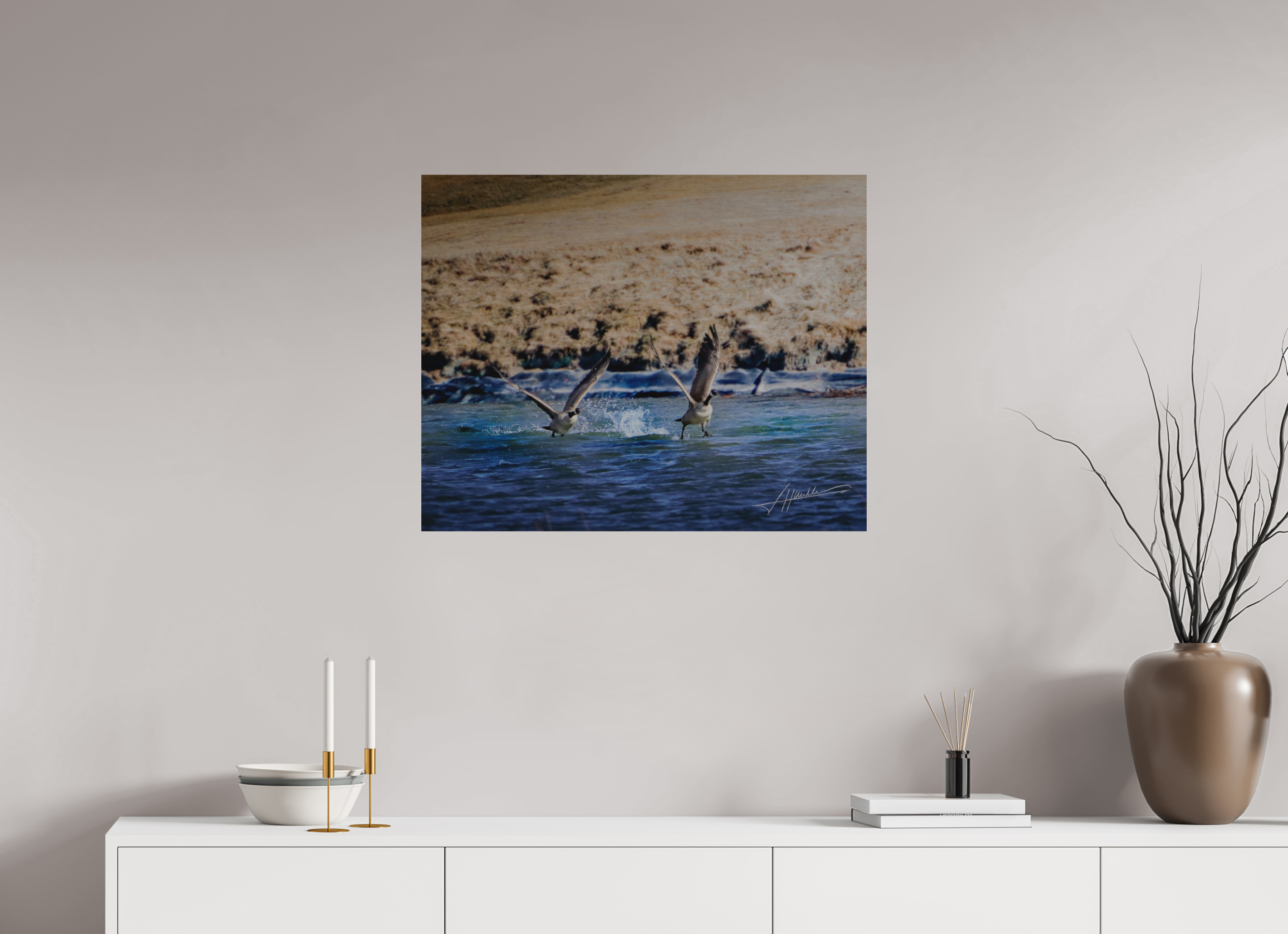 30 x 24″, Direct Brushed Aluminum Geese Taking Flight
