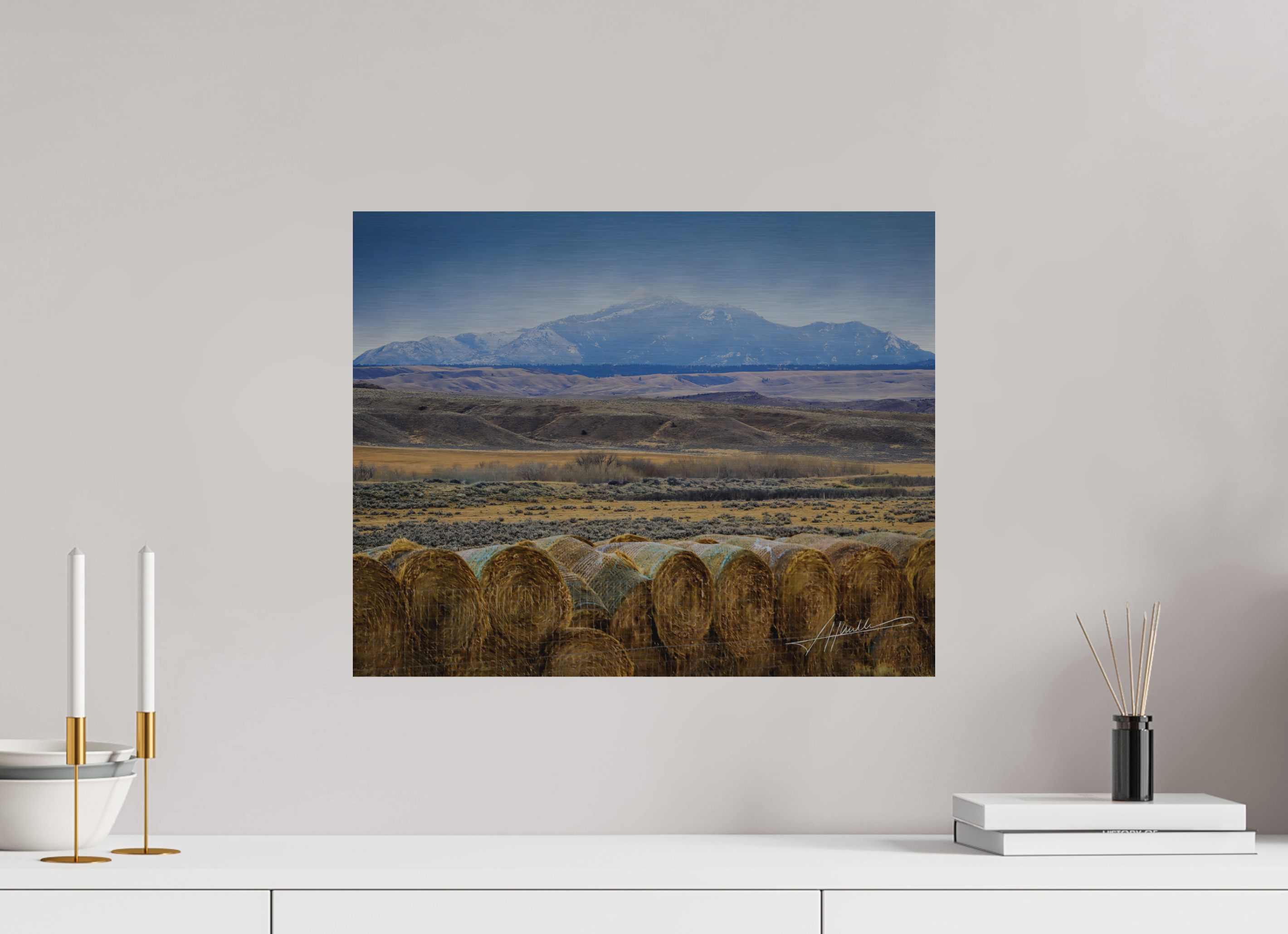 20 x 16″, Direct Brushed Aluminum Hay Bales on the Prairie