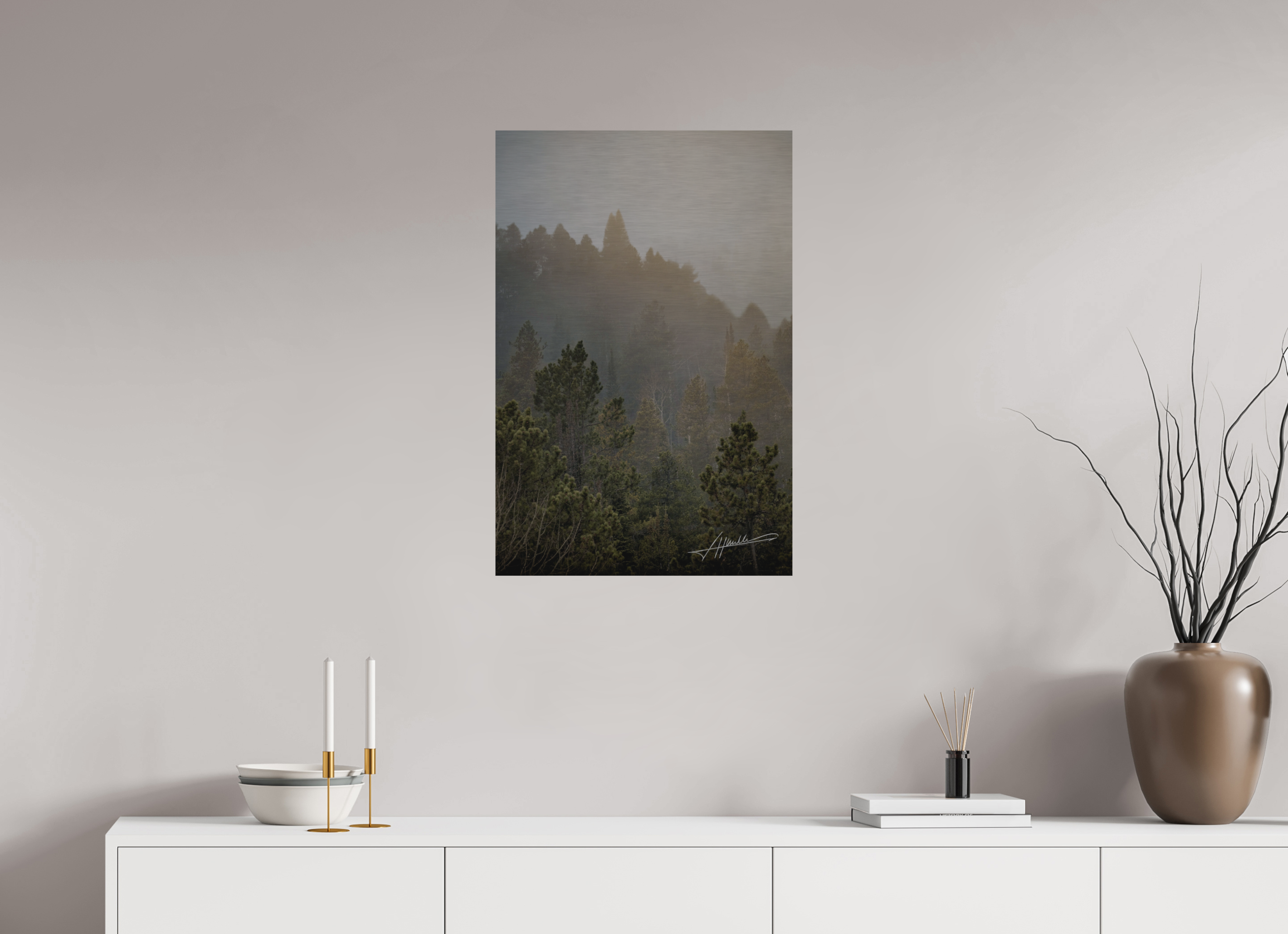 20 x 30″, Direct Brushed Aluminum Glowing Mountain Fog