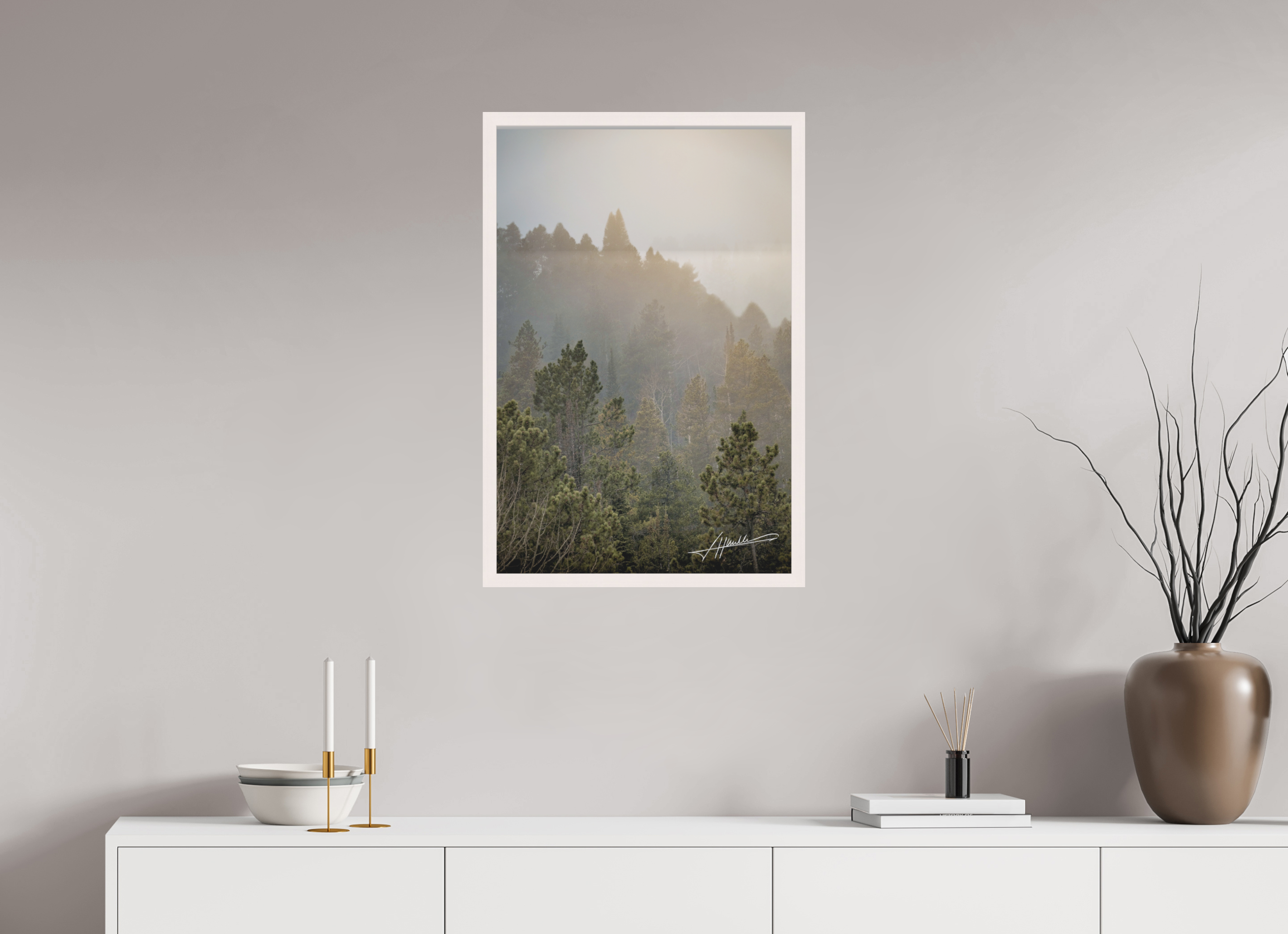 20 x 30″, Shadow Box Frame Glowing Mountain Fog