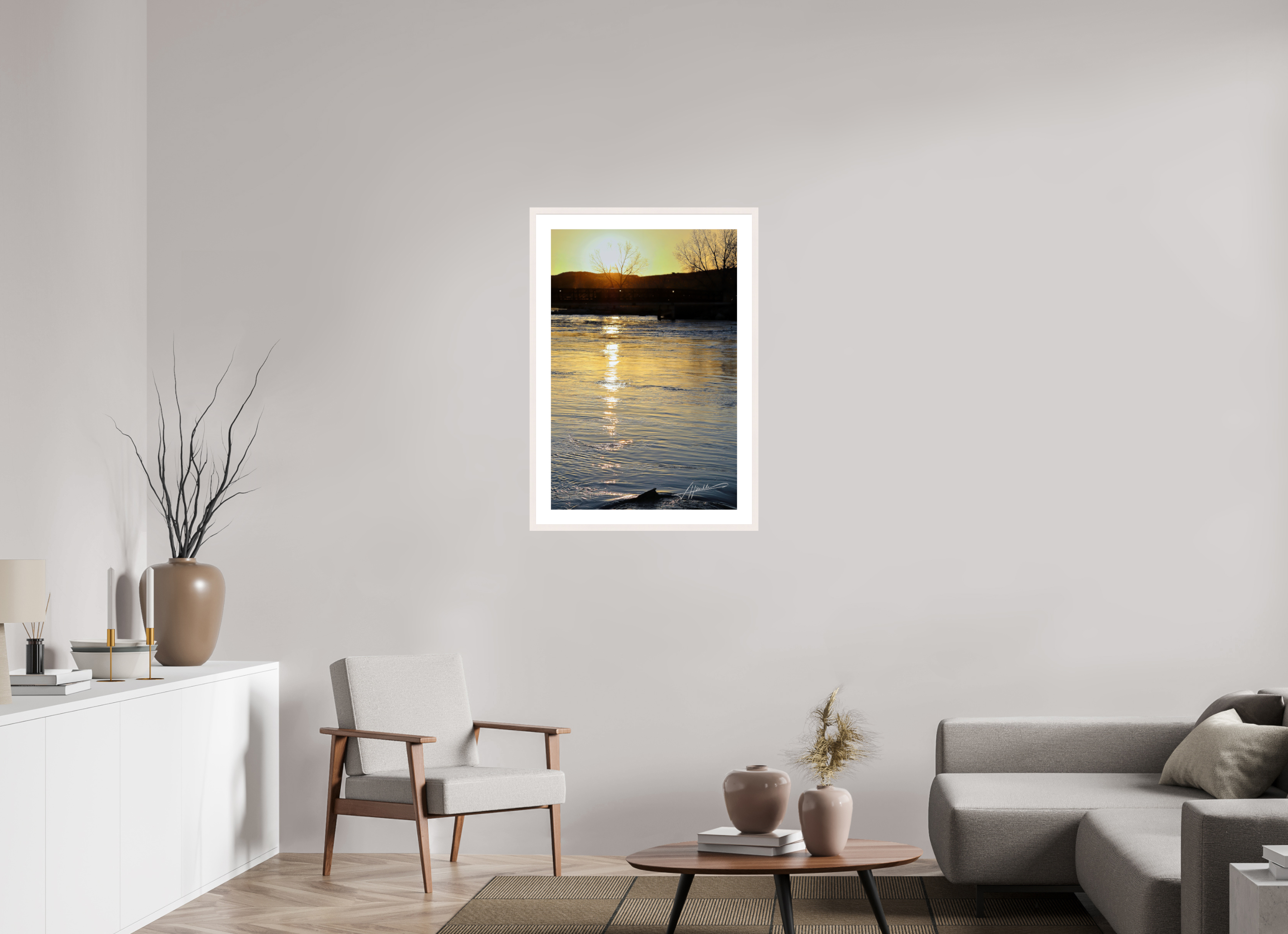 24 x 36″, Solid Wood Frame with Passe-partout Sunset on the River