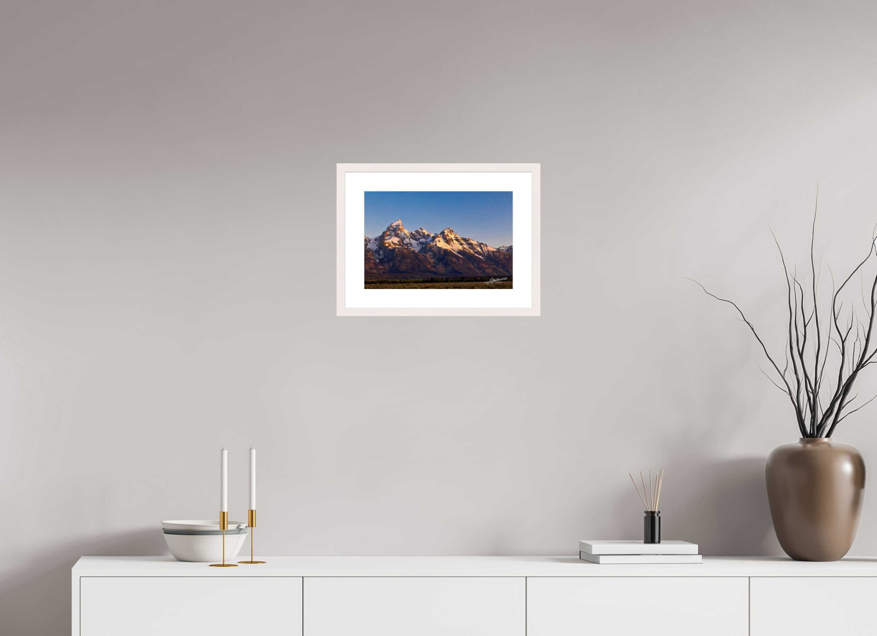 15 x 10″, Solid Wood Frame with Passe-partout Sunrising on the Tetons