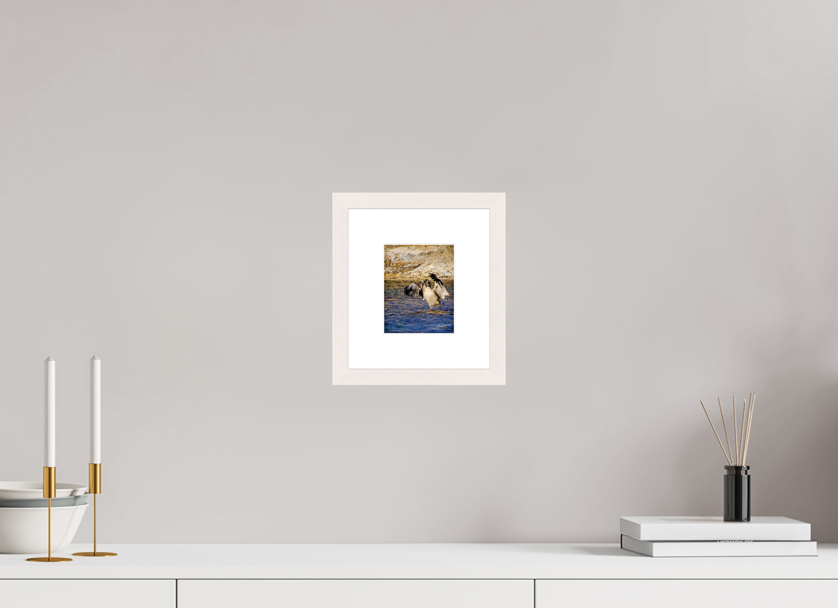 4 x 5″, Solid Wood Frame with Passe-partout The Bathing Goose
