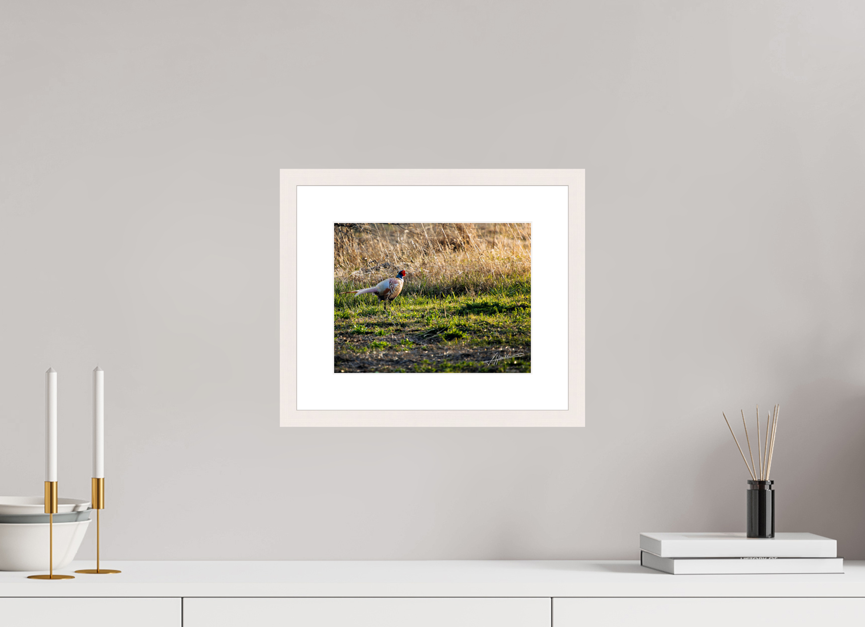 10.4 x 8″, Solid Wood Frame with Passe-partout Evening Pheasant
