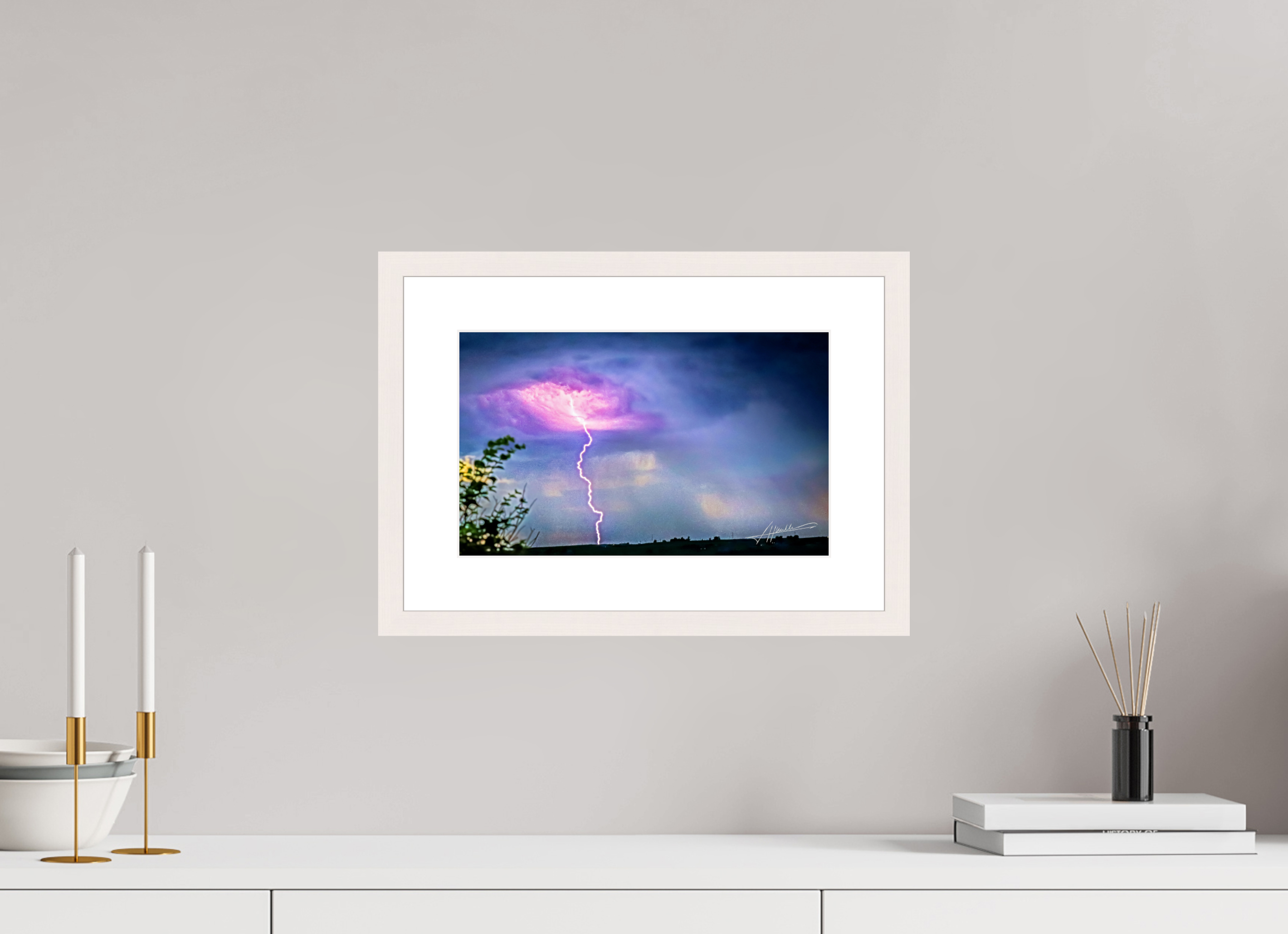13 x 8″, Solid Wood Frame with Passe-partout Lightning Strike