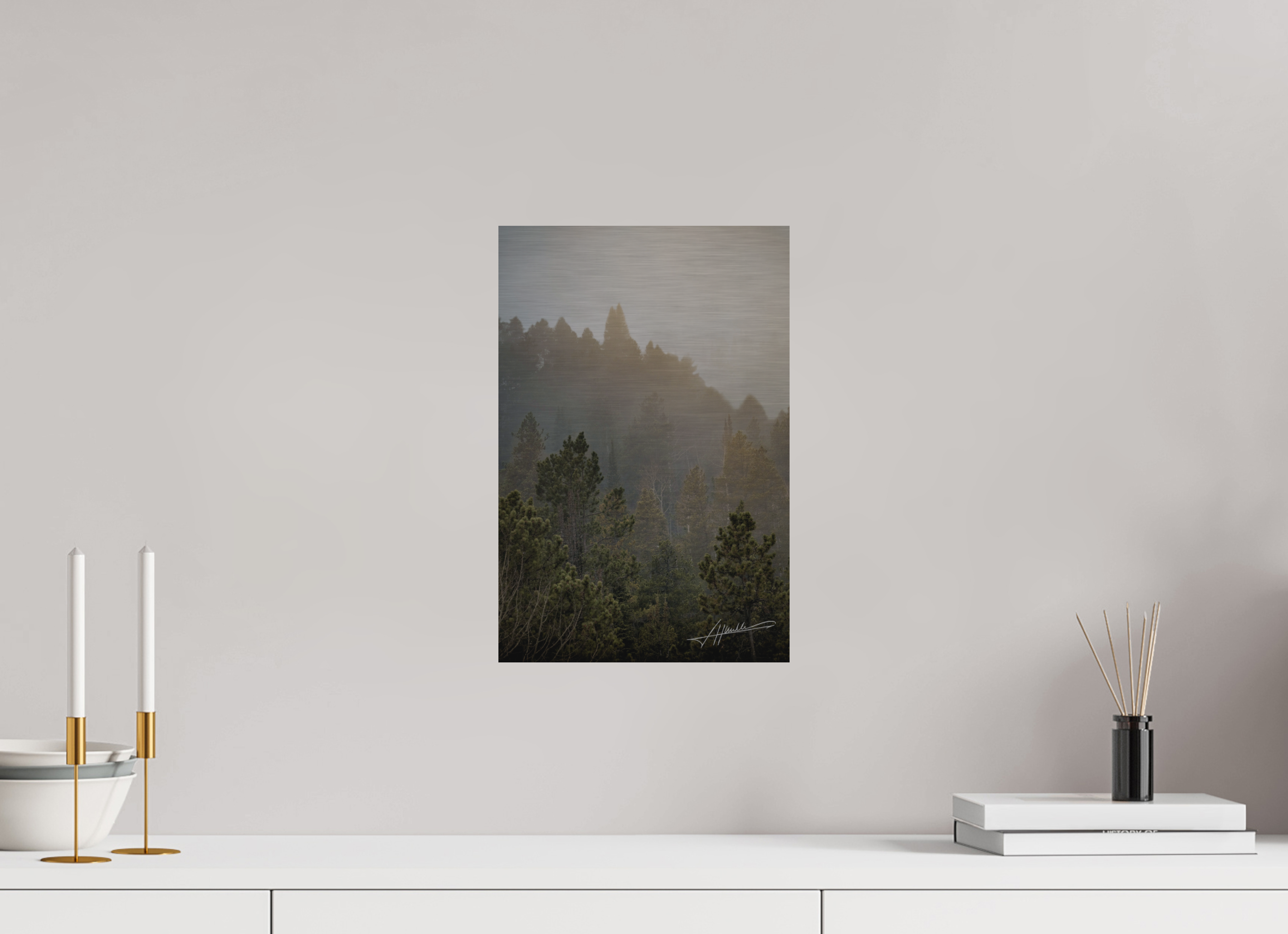 10 x 15″, Direct Brushed Aluminum Glowing Mountain Fog