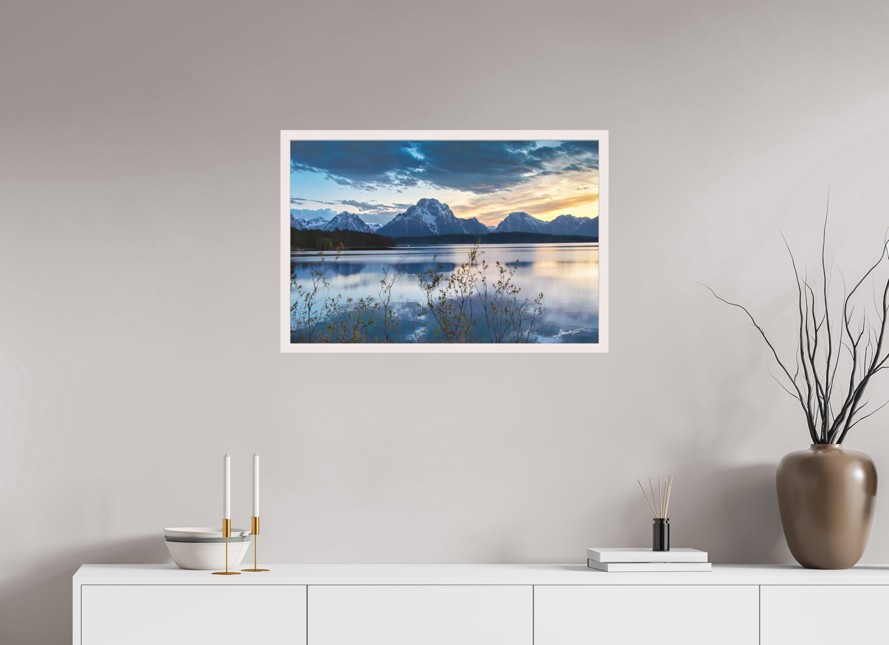 30 x 20″, Shadow Box Frame Sunset on Jackson Lake