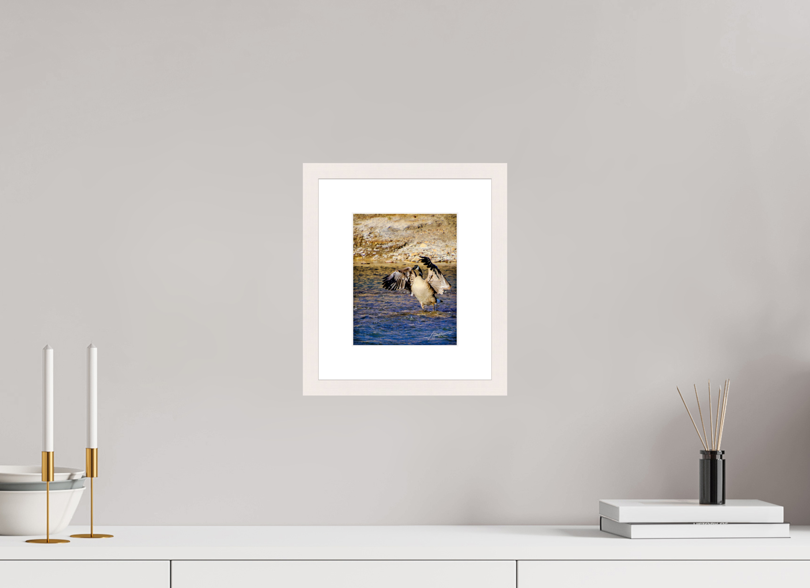 6 x 7.5″, Solid Wood Frame with Passe-partout The Bathing Goose