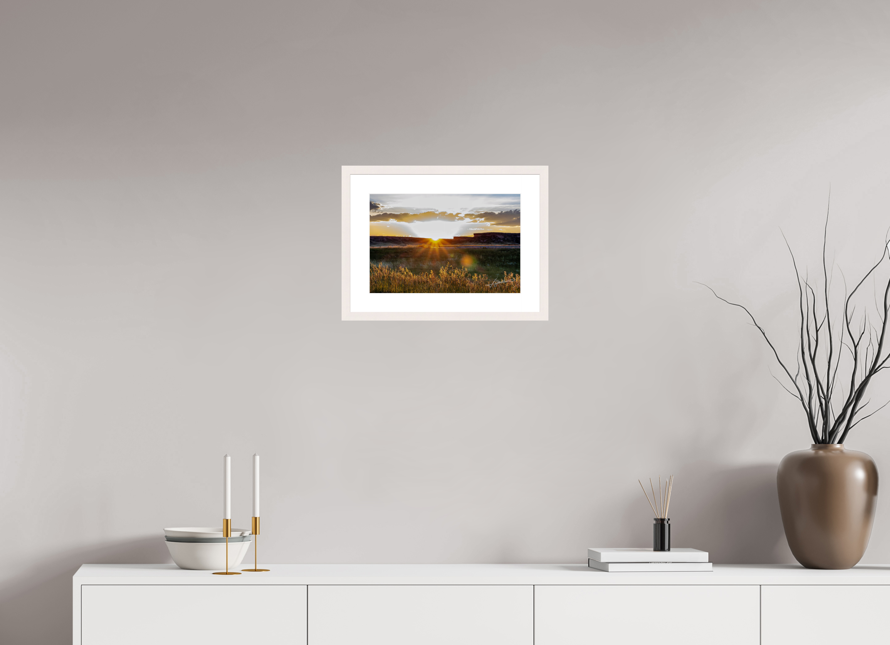 15 x 10″, Solid Wood Frame with Passe-partout Sunrise on the Planes