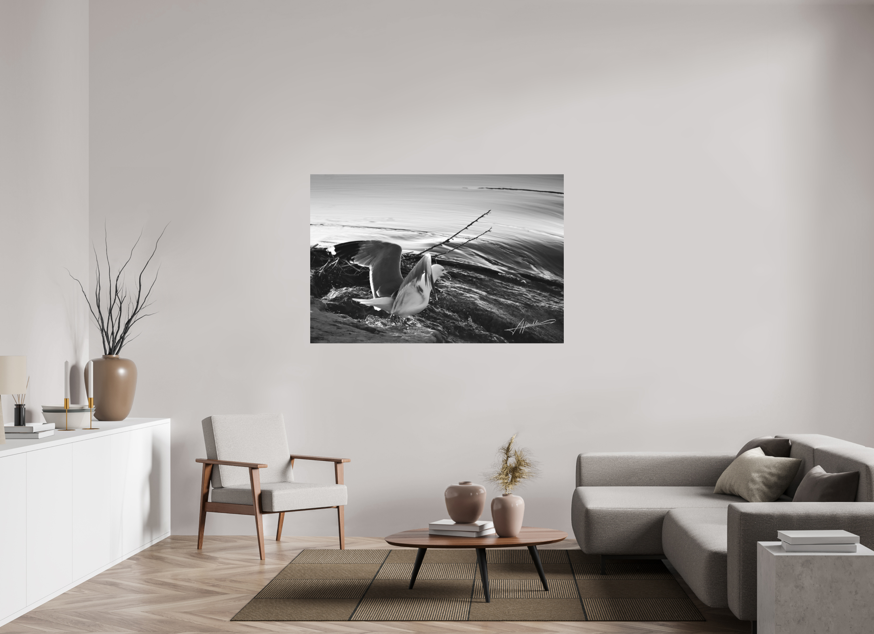 60 x 40″, Ilford Aluminum BW Seagull Takes Flight