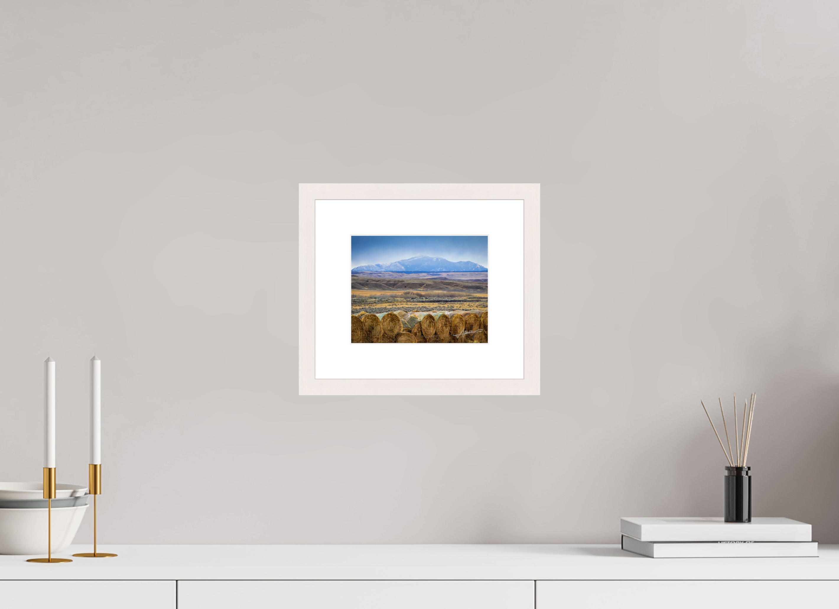 7.5 x 6″, Solid Wood Frame with Passe-partout Hay Bales on the Prairie
