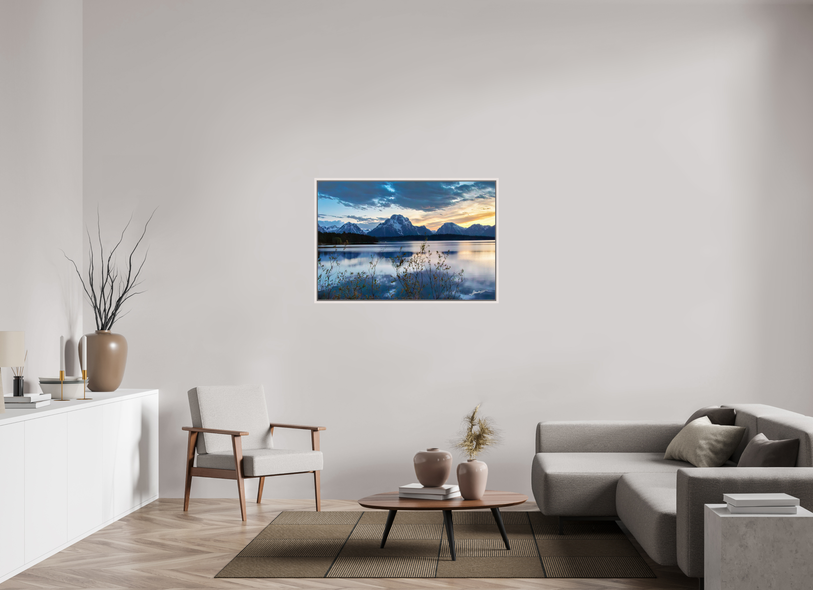 45 x 30″, Floater Frame Sunset on Jackson Lake