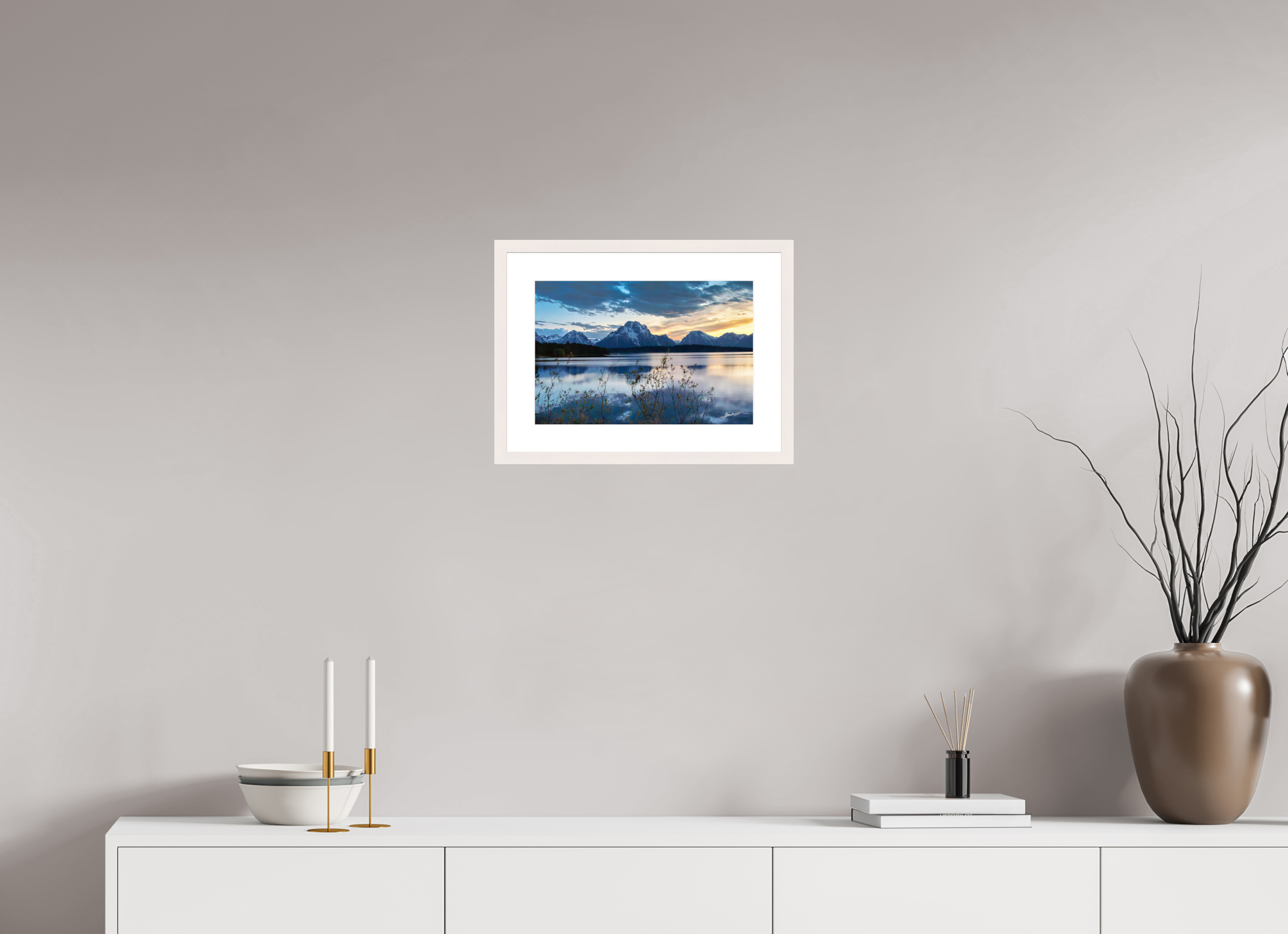 15 x 10″, Solid Wood Frame with Passe-partout Sunset on Jackson Lake