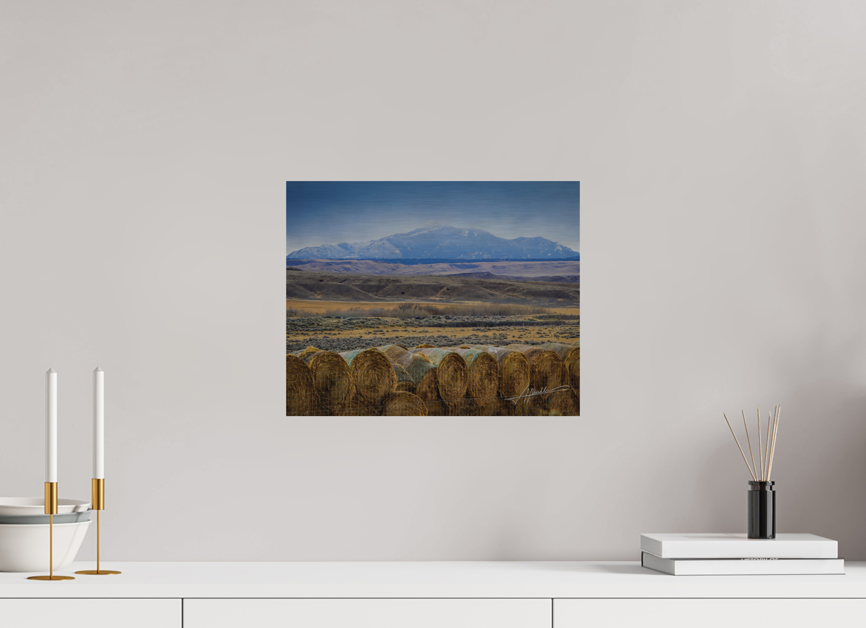 15 x 12″, Direct Brushed Aluminum Hay Bales on the Prairie