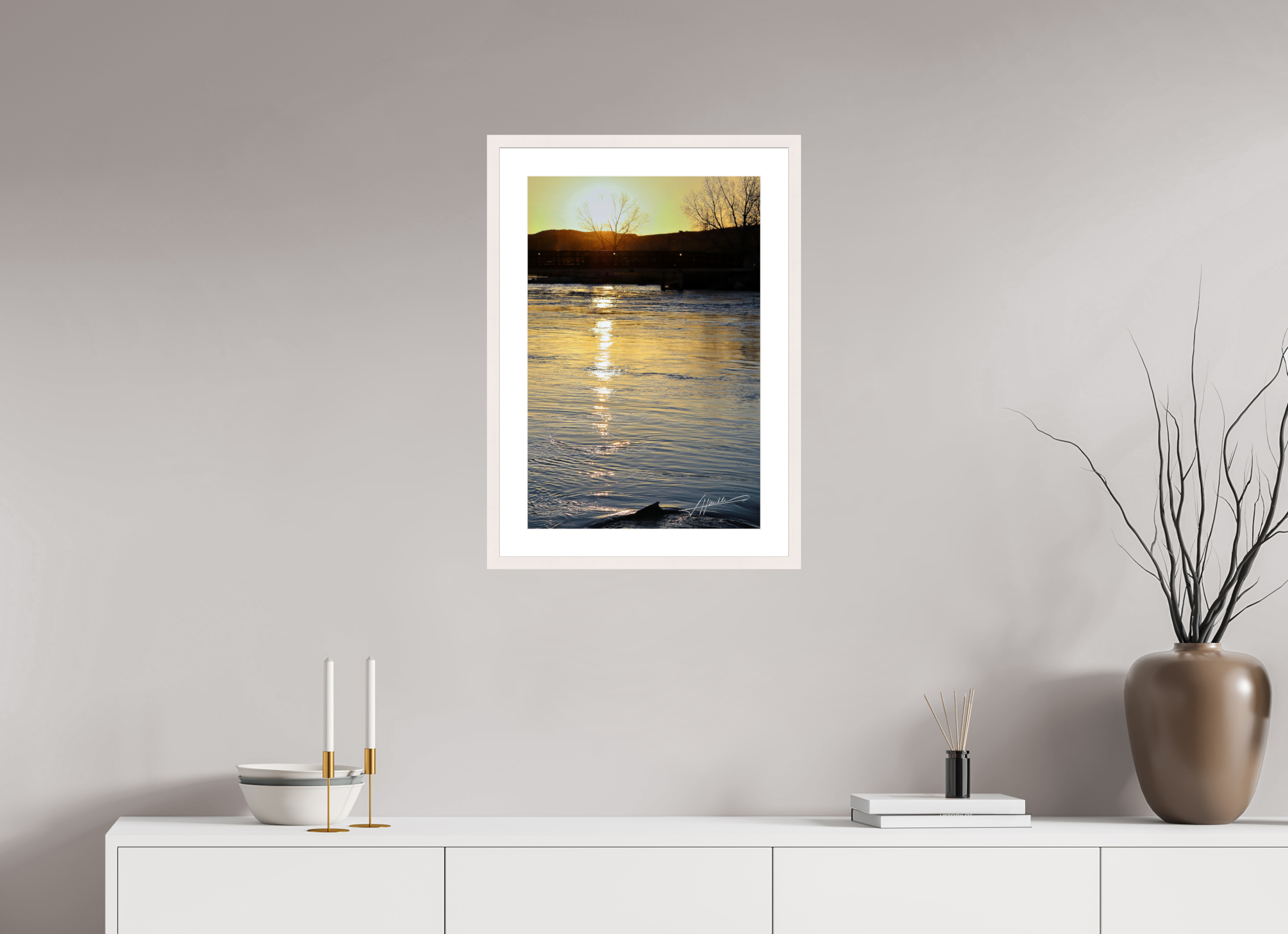 16 x 24″, Solid Wood Frame with Passe-partout Sunset on the River