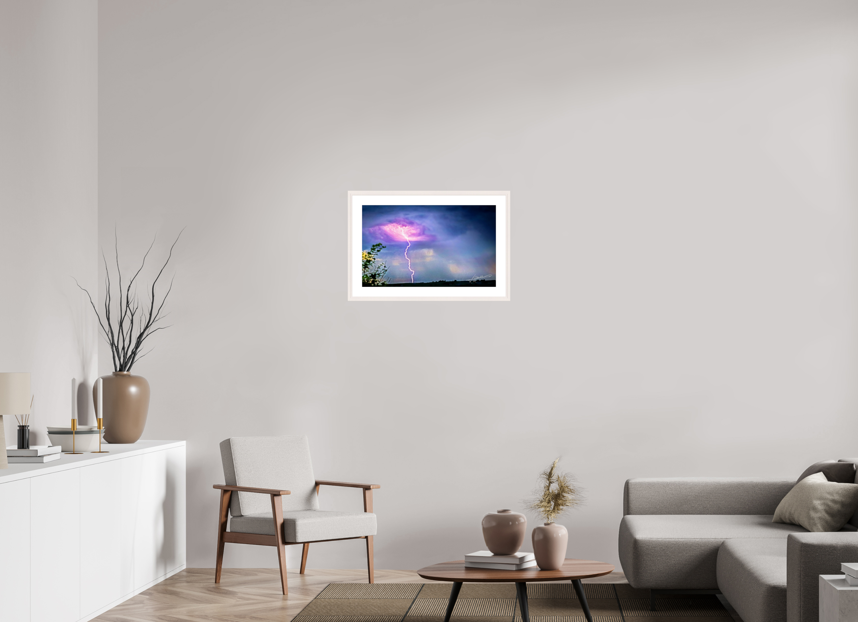 25.9 x 16″, Solid Wood Frame with Passe-partout Lightning Strike
