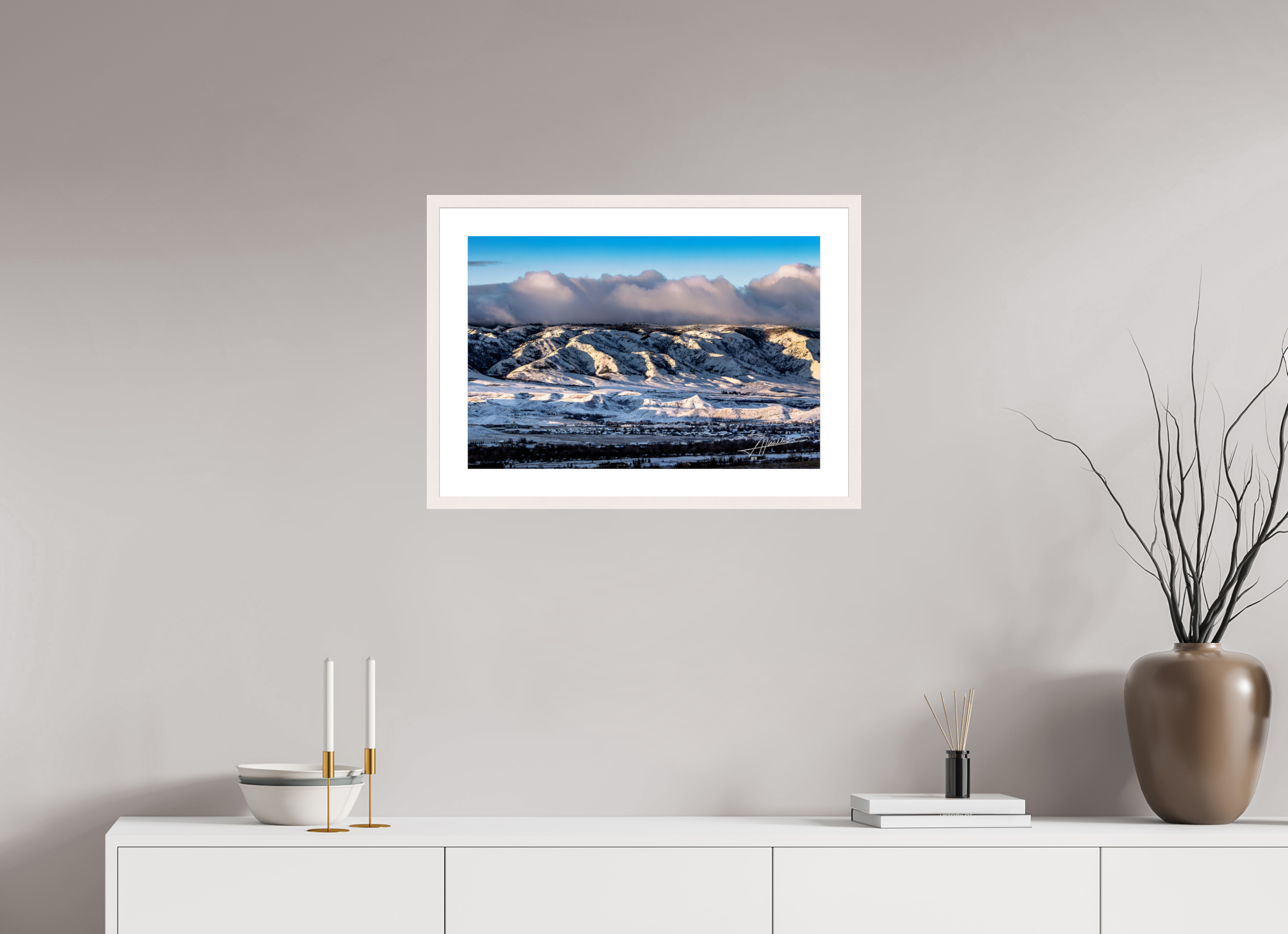 24 x 16″, Solid Wood Frame with Passe-partout Sunset After a Snow Storm