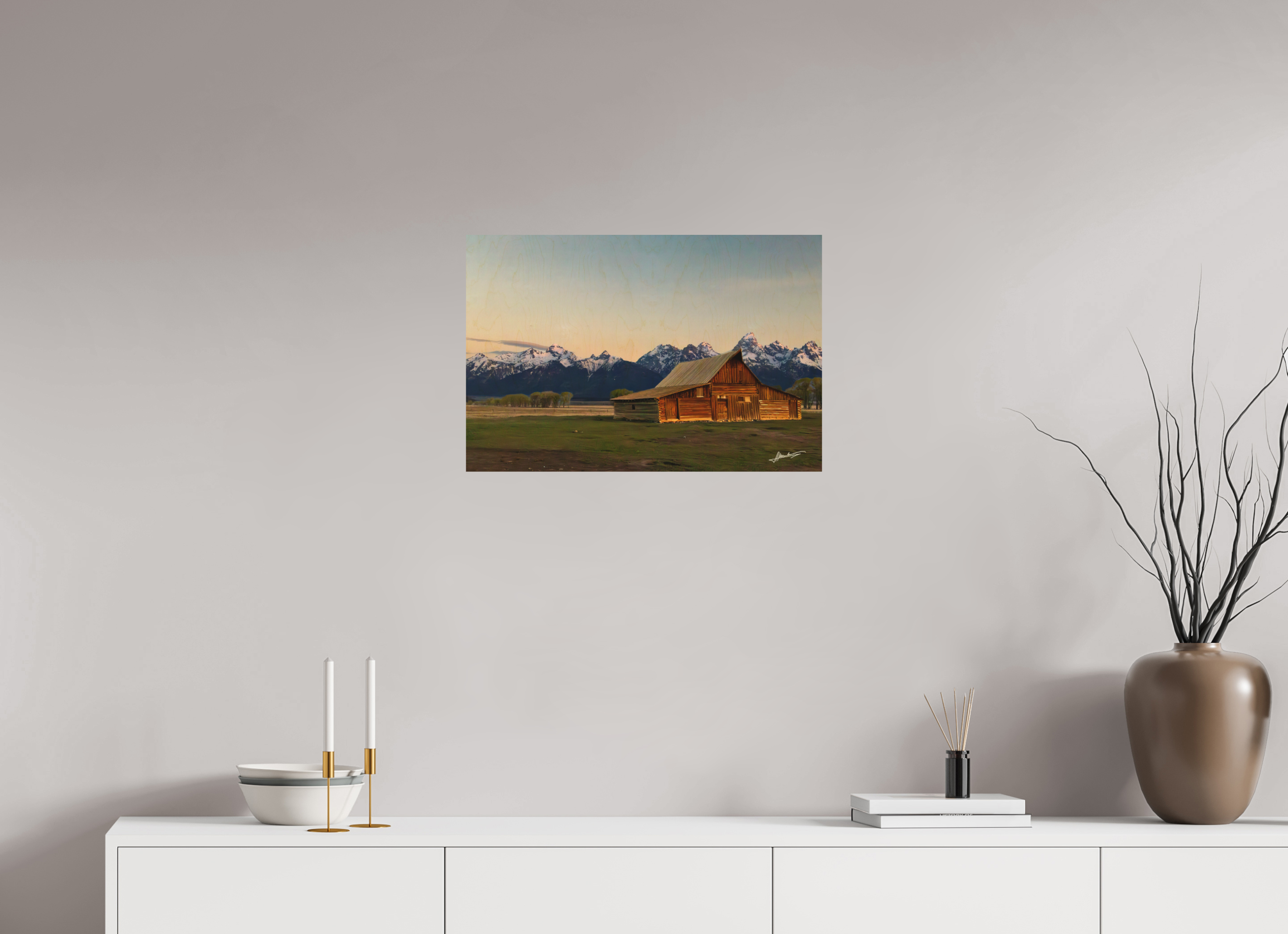 24 x 16″, Direct Photo Print on Wood Sunrise on the T.A. Barn