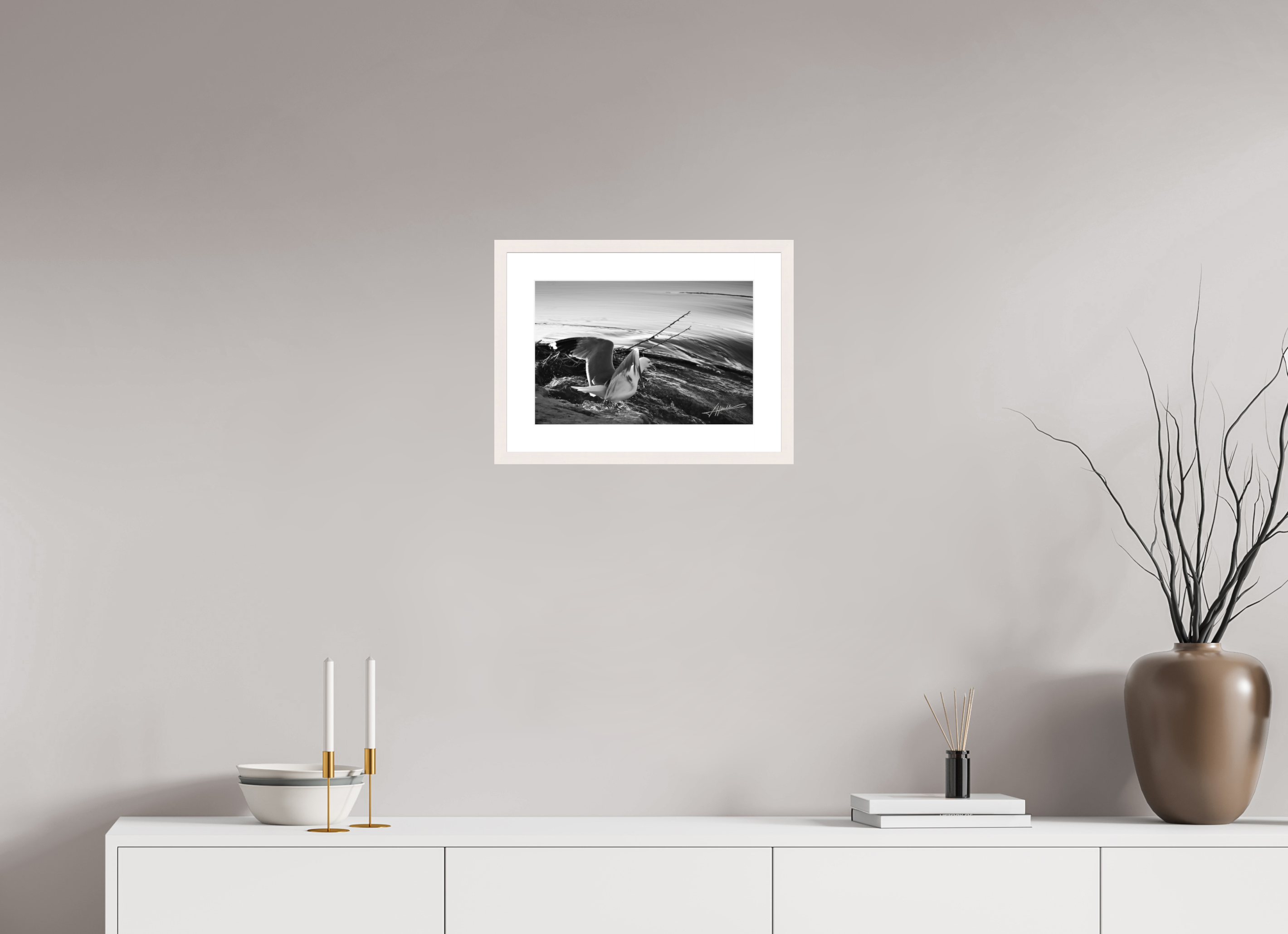 15 x 10″, Solid Wood Frame with Passe-partout Seagull Takes Flight
