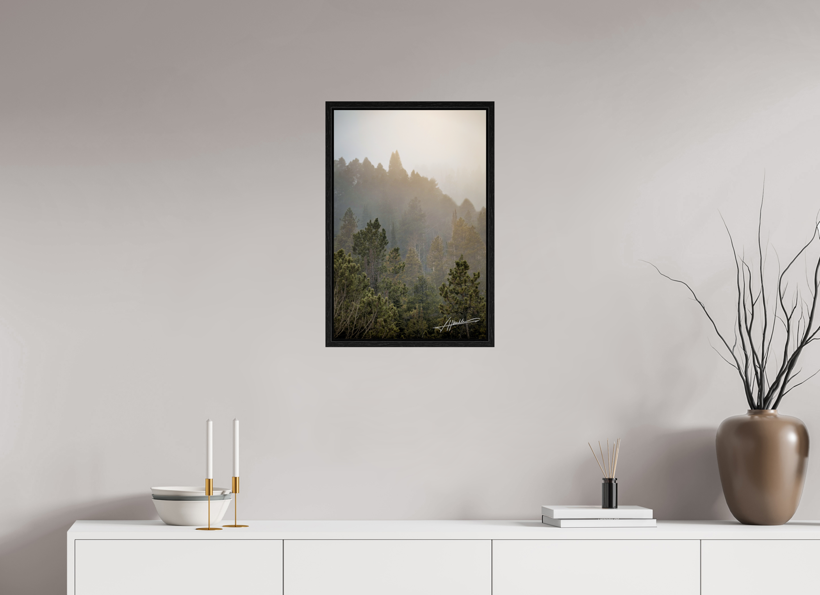 16 x 24″, Floater Frame Glowing Mountain Fog