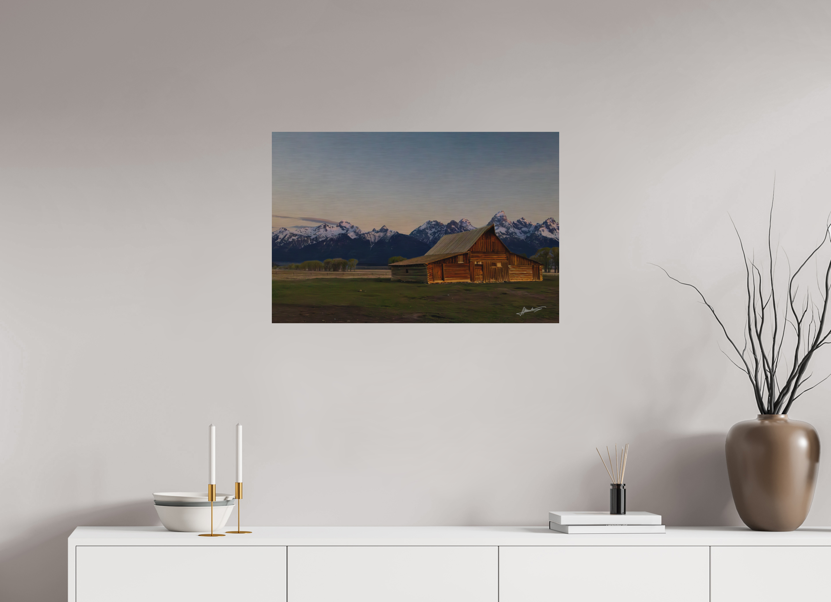 30 x 20″, Direct Brushed Aluminum Sunrise on the T.A. Barn