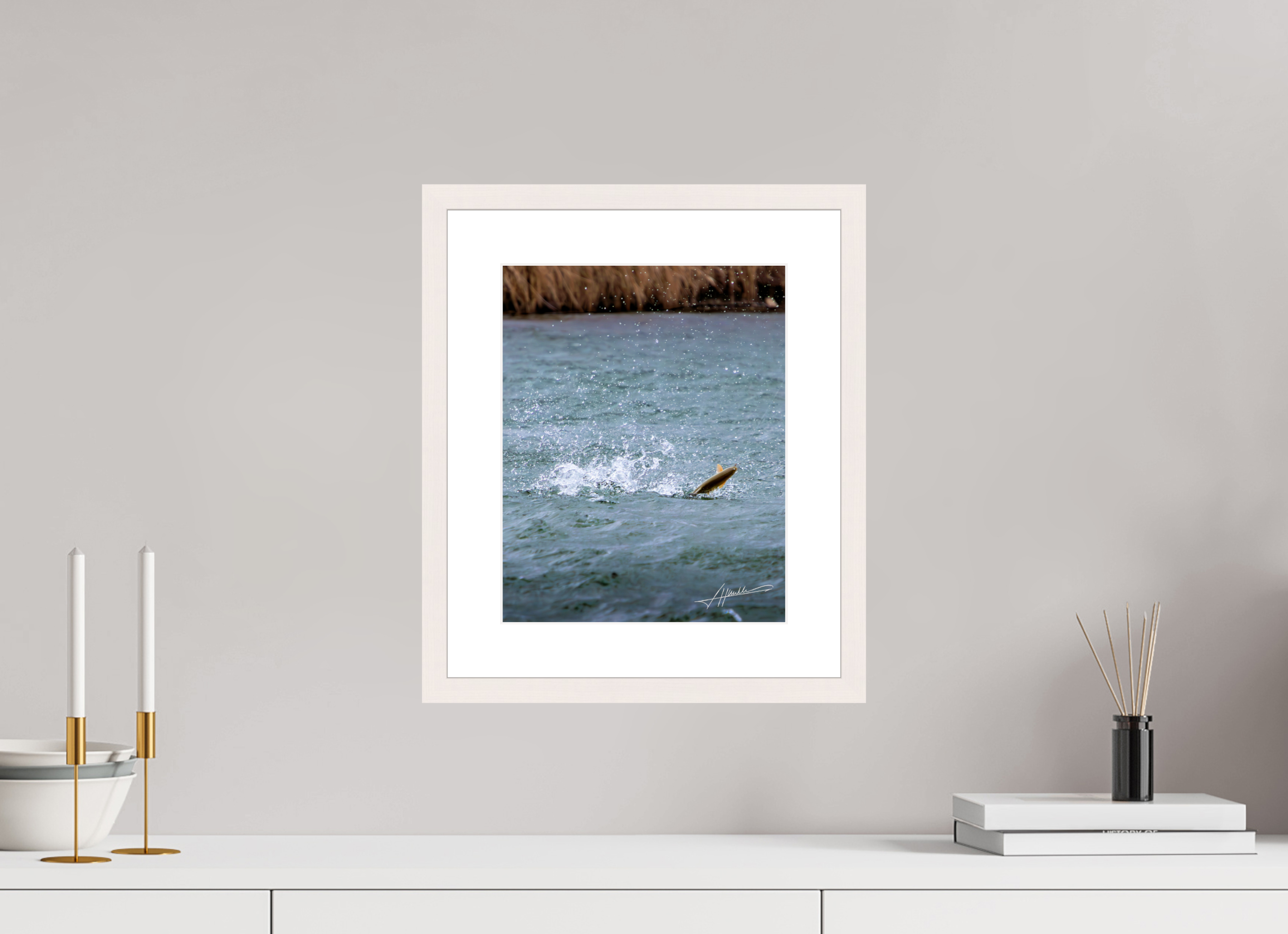 10 x 12.5″, Solid Wood Frame with Passe-partout Jumping Rainbow Trout