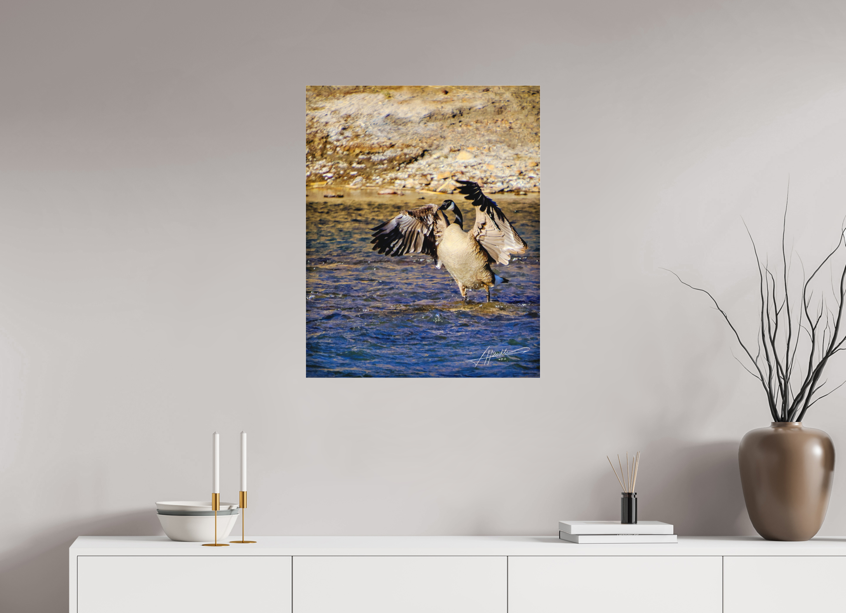 24 x 30″, Fine Pigment Under Acrylic The Bathing Goose