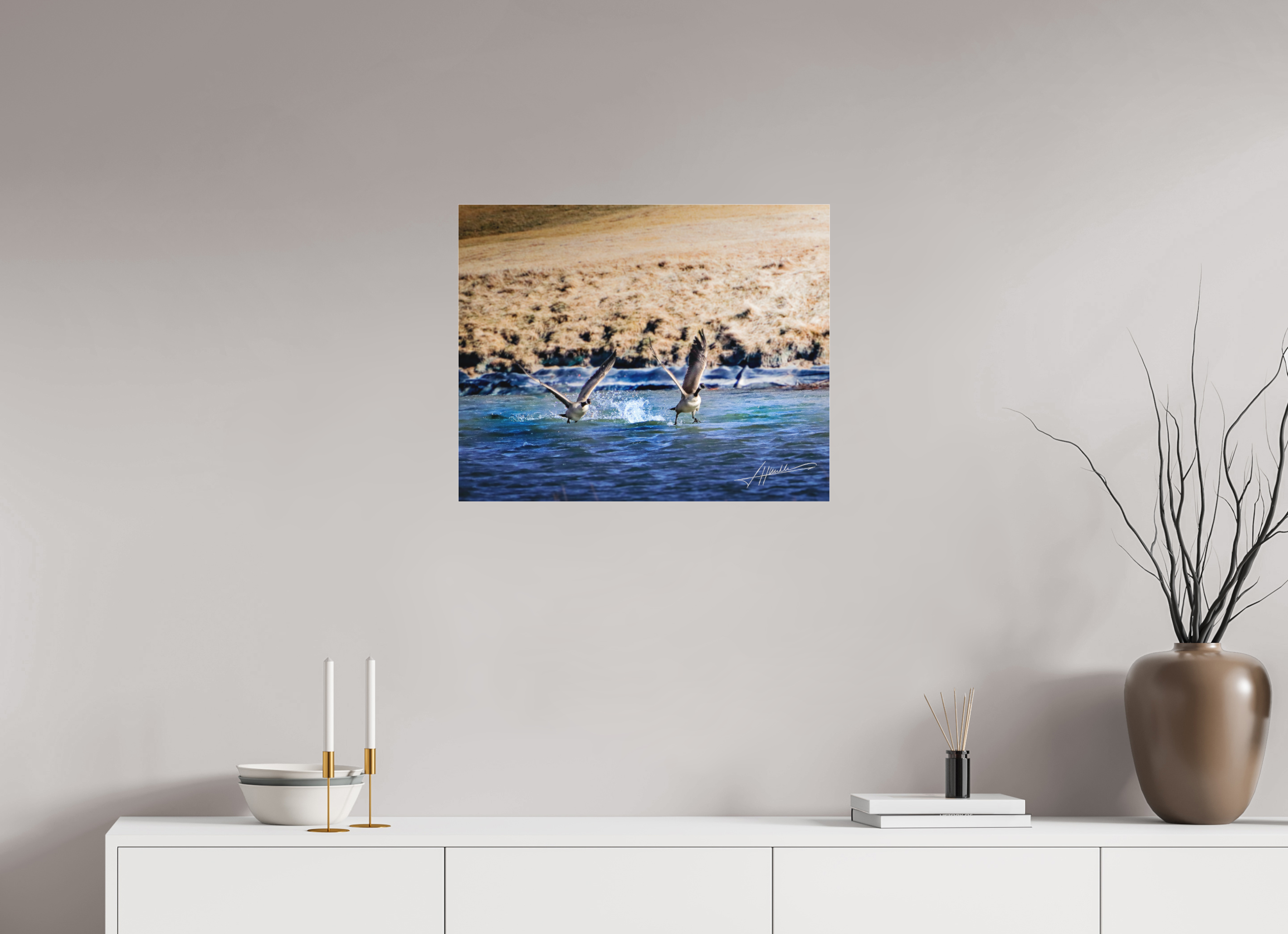 25 x 20″, Fine Pigment Under Acrylic Geese Taking Flight