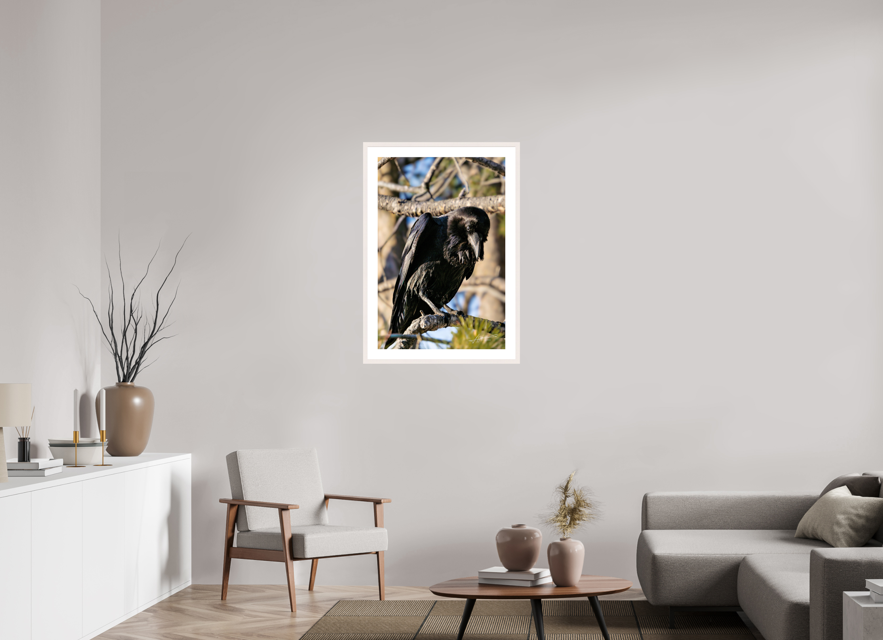 24 x 36″, Solid Wood Frame with Passe-partout Morning Raven