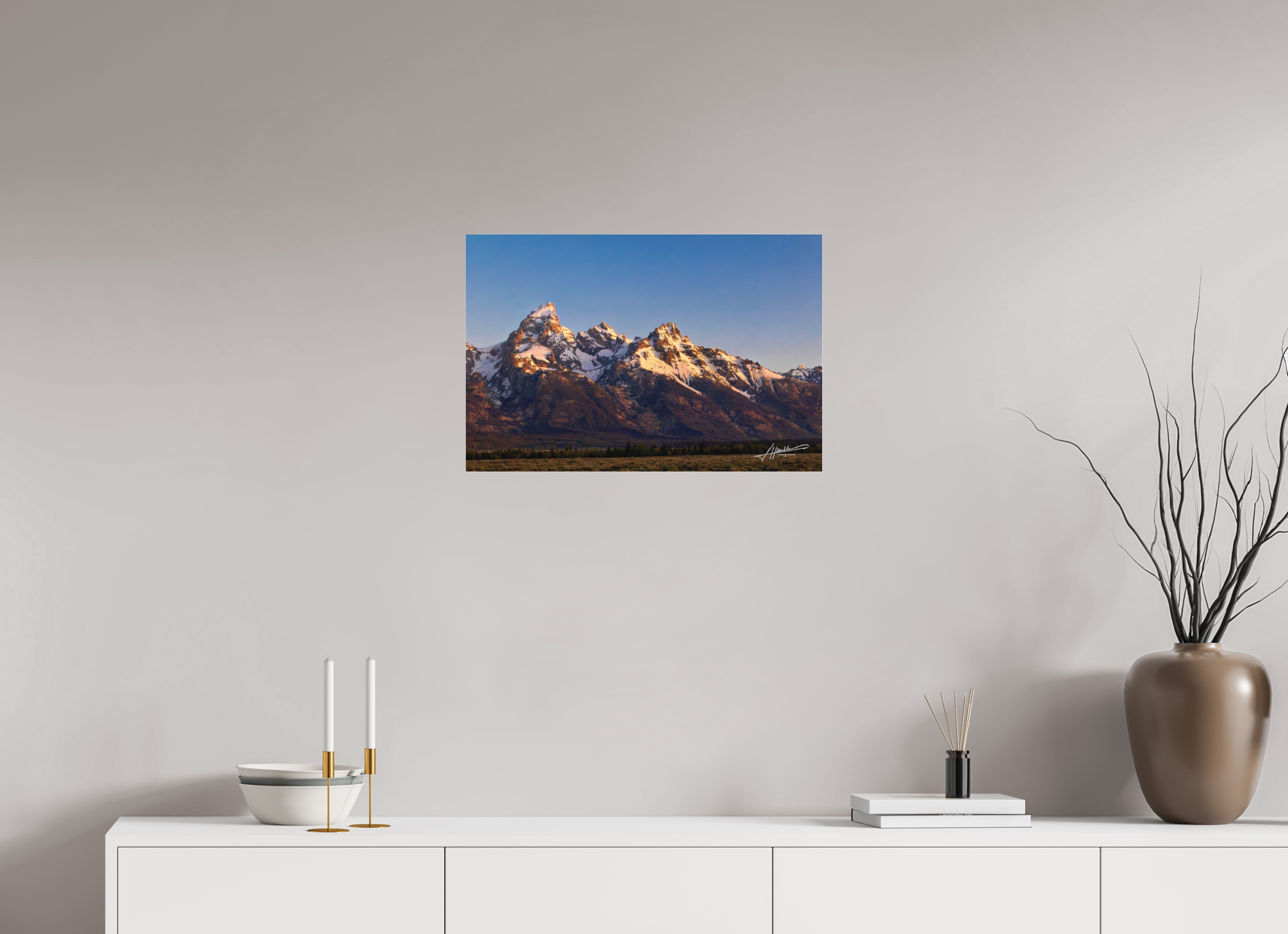 24 x 16″, Fine Pigment Under Acrylic Sunrising on the Tetons
